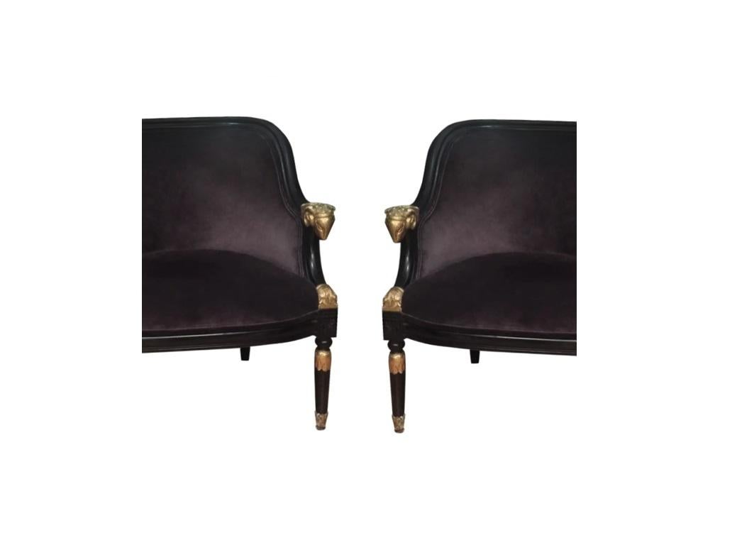Pair of Ebonized & Gilt Bergère Chairs with Carved Ram Heads In Good Condition For Sale In Dallas, TX