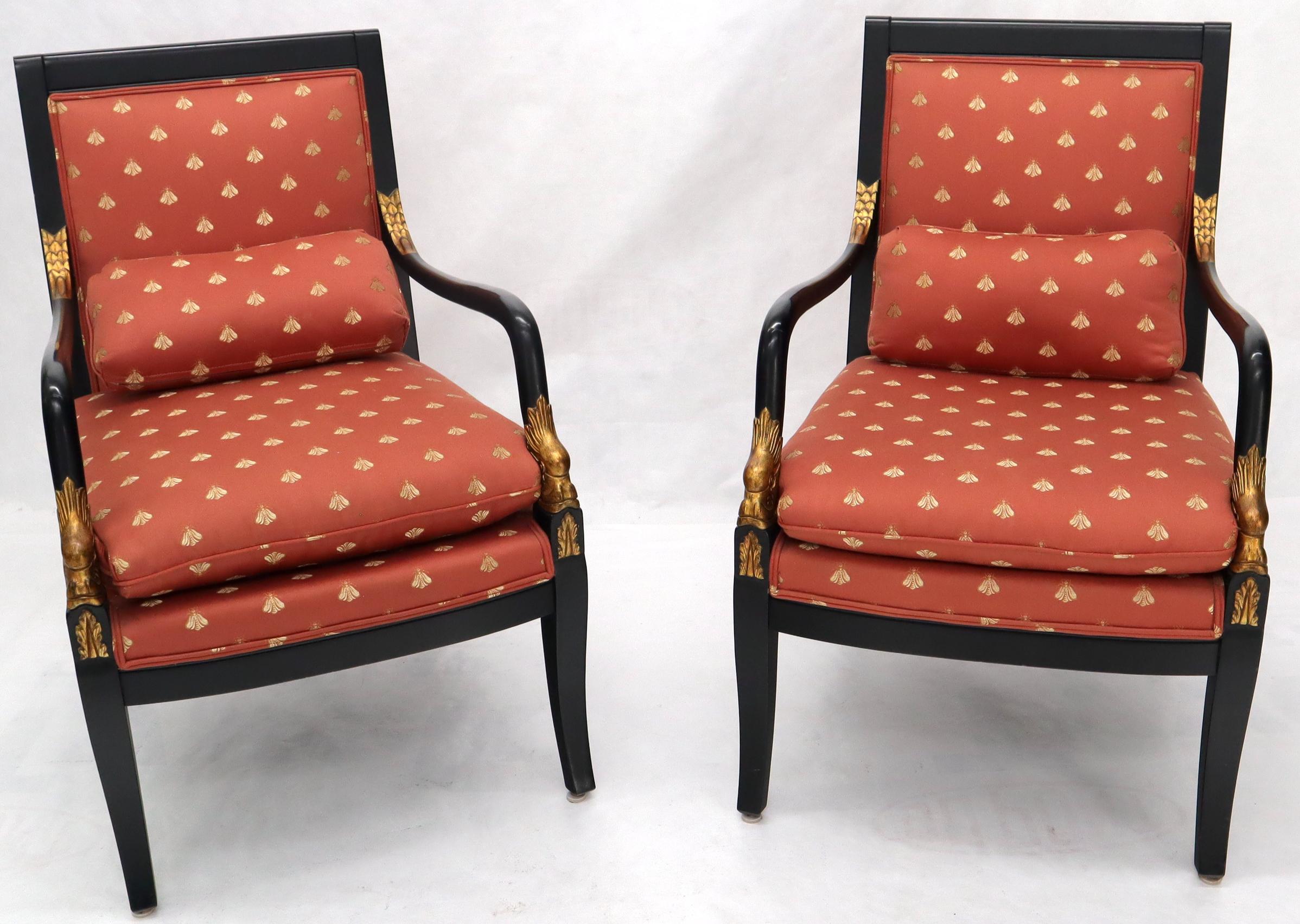 Pair of neoclassical decorator chairs silk like fabric upholstery.