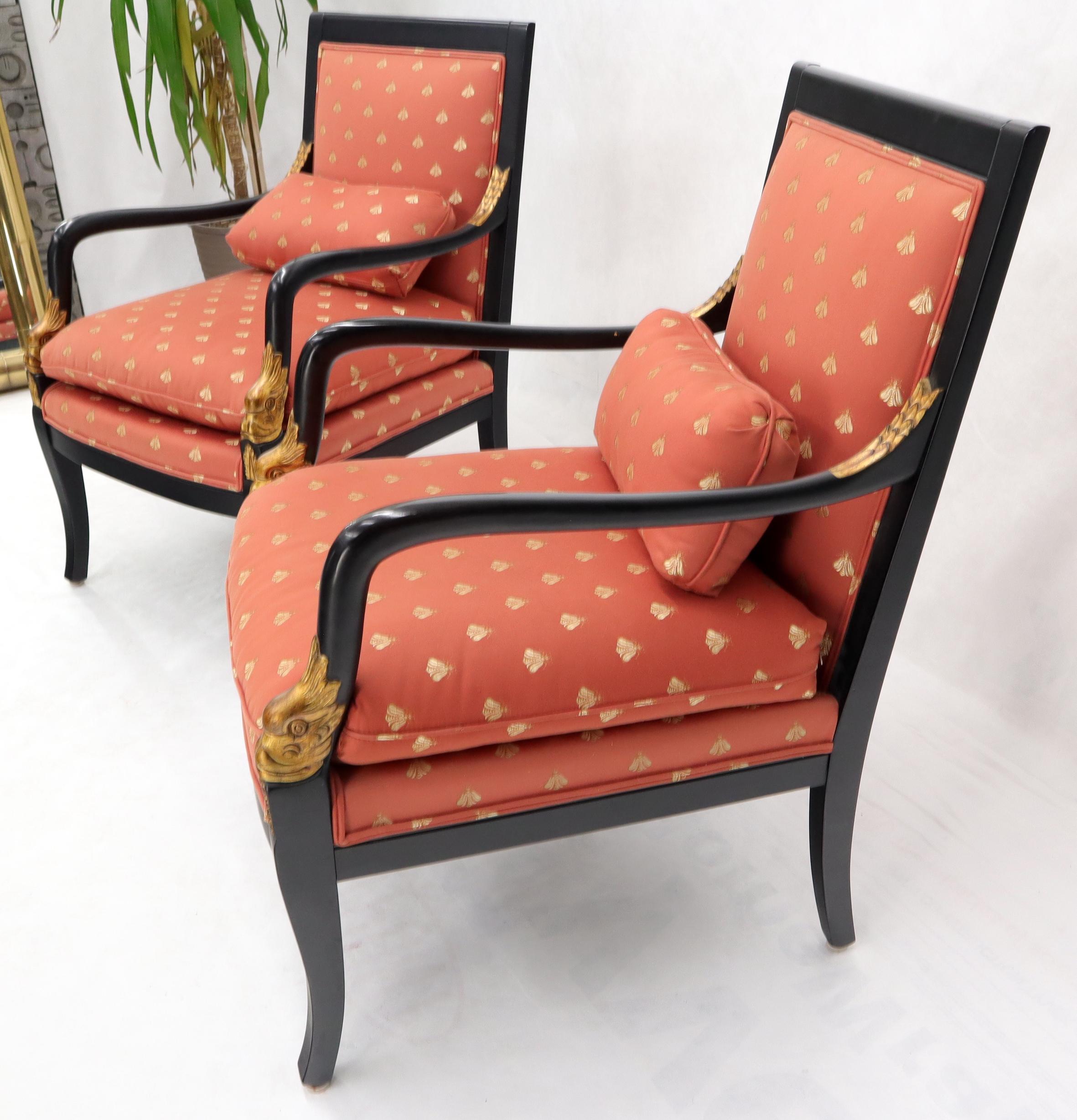 Carved Pair of Ebonized Gold Decorated Carving Frames Neoclassical Armchairs For Sale