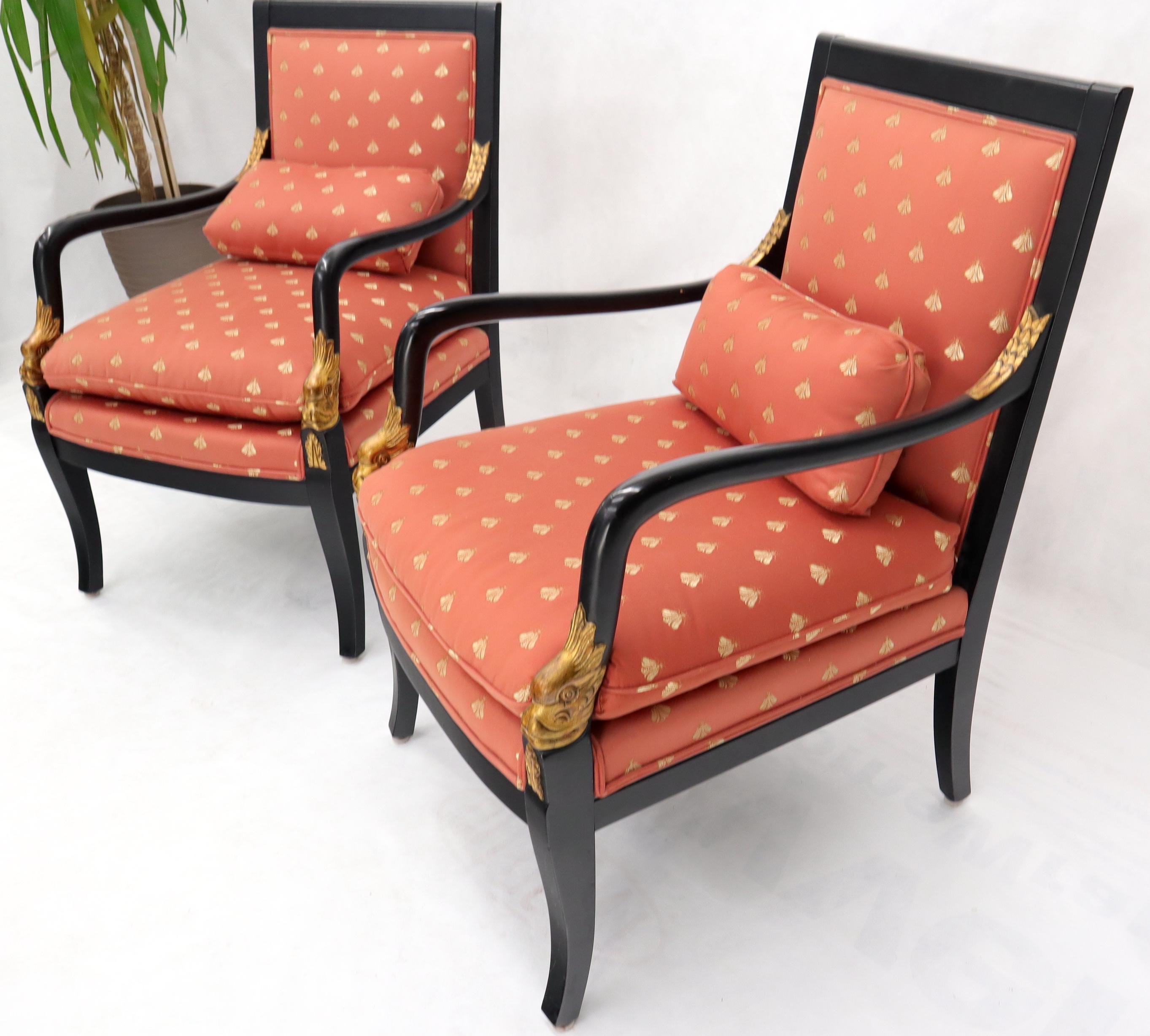 Pair of Ebonized Gold Decorated Carving Frames Neoclassical Armchairs In Excellent Condition For Sale In Rockaway, NJ