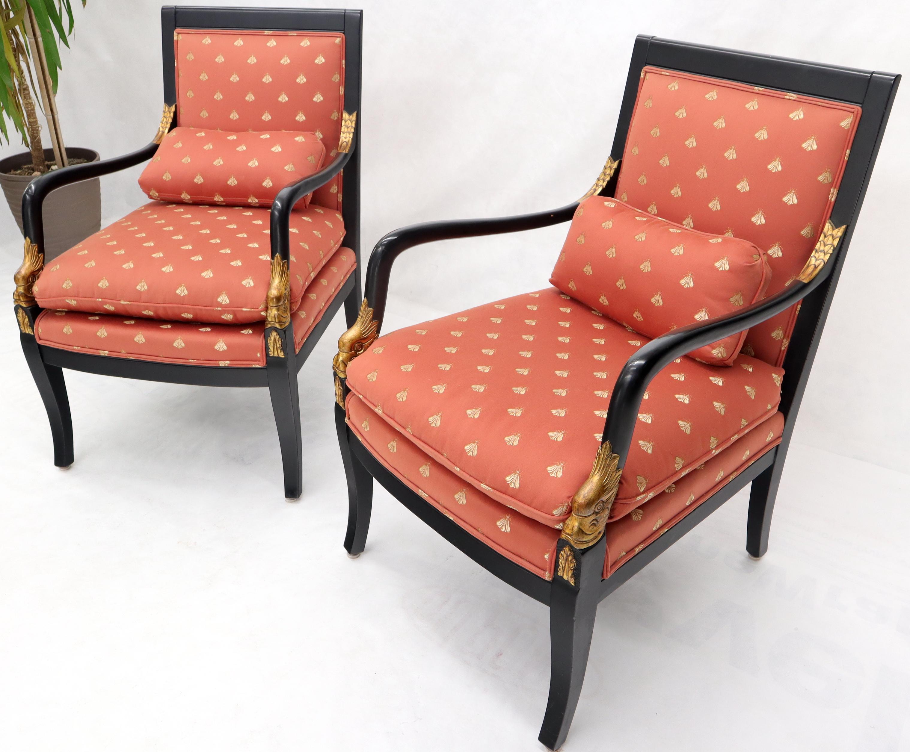 20th Century Pair of Ebonized Gold Decorated Carving Frames Neoclassical Armchairs For Sale