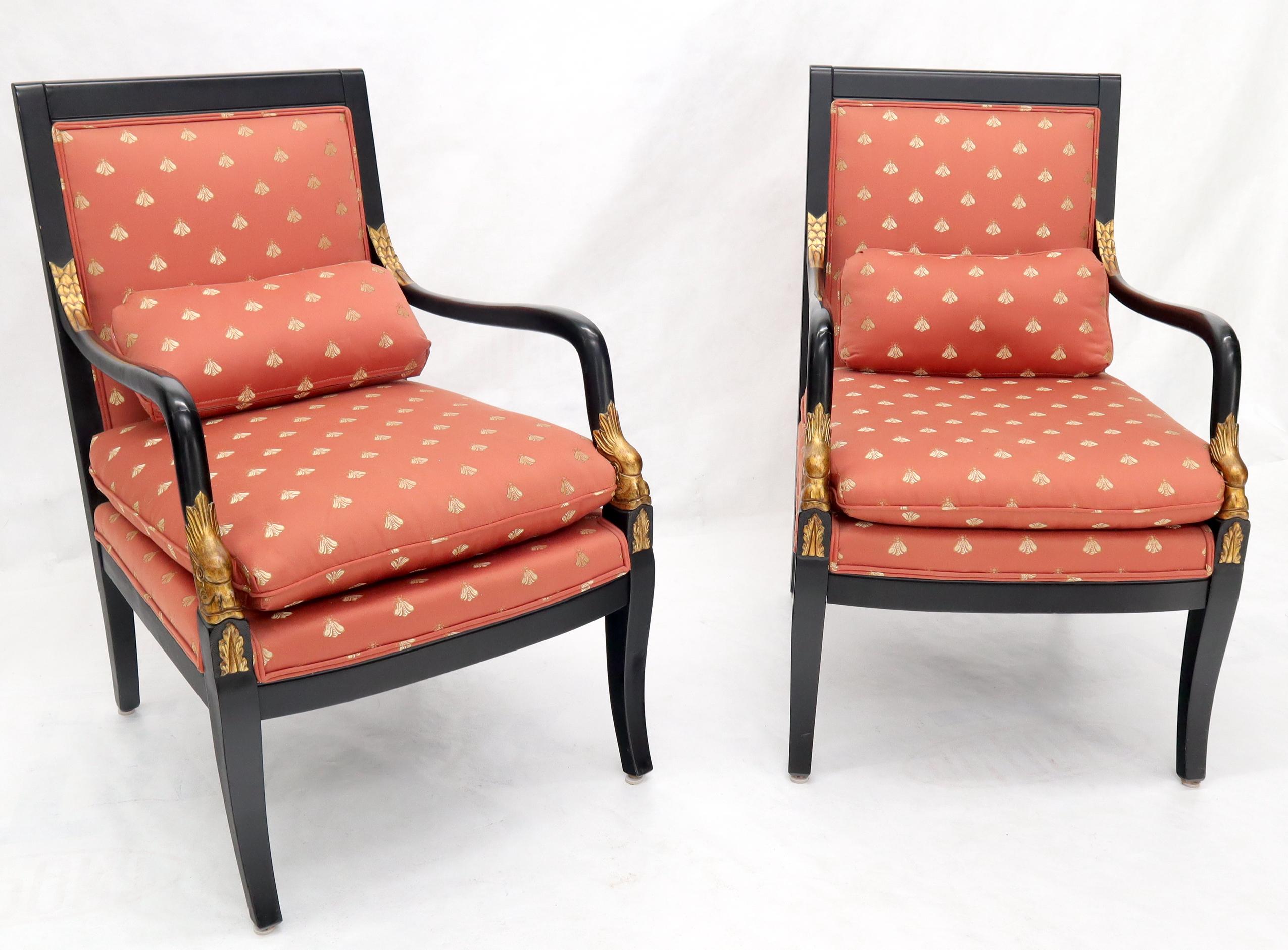 Upholstery Pair of Ebonized Gold Decorated Carving Frames Neoclassical Armchairs For Sale