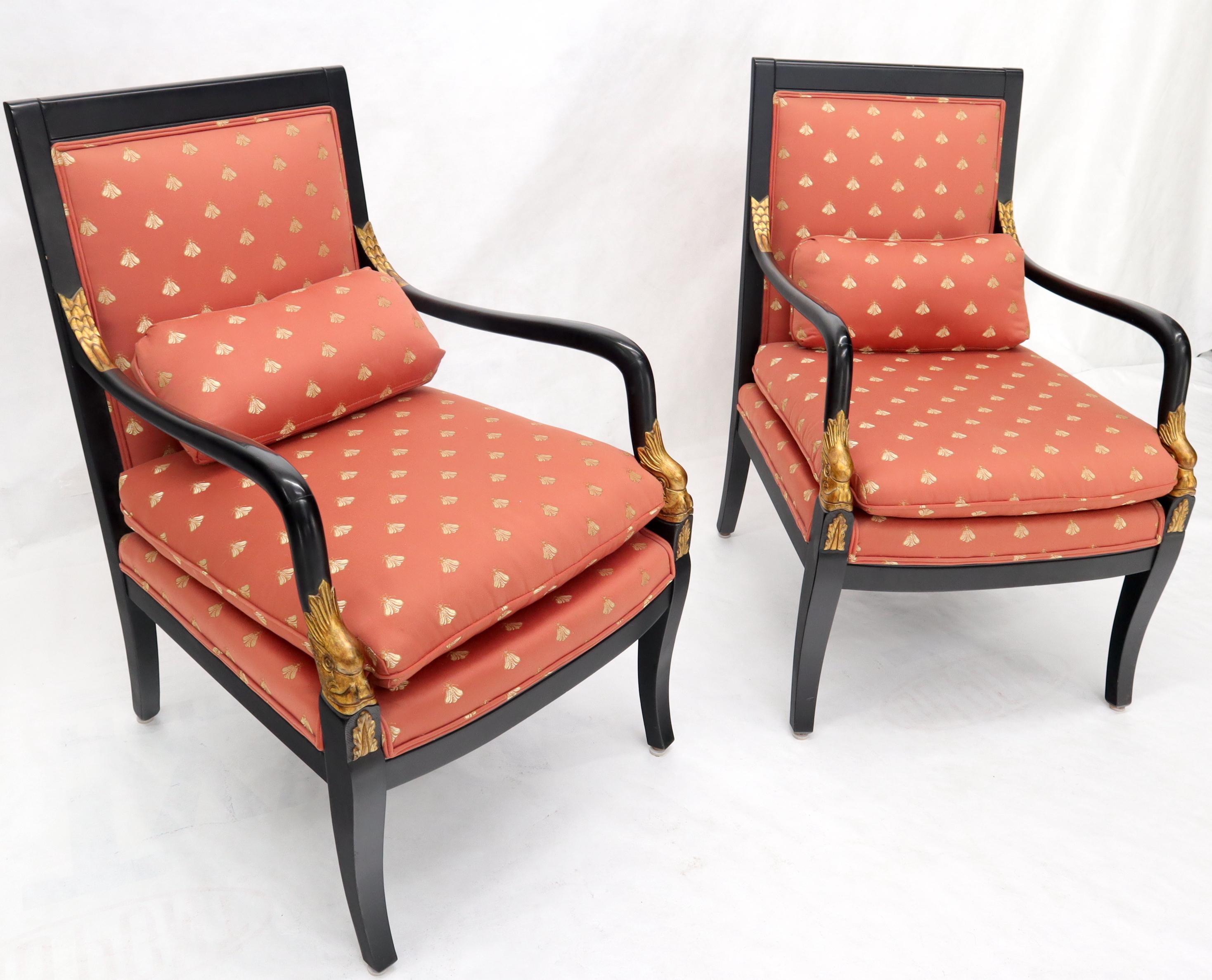Pair of Ebonized Gold Decorated Carving Frames Neoclassical Armchairs For Sale 2