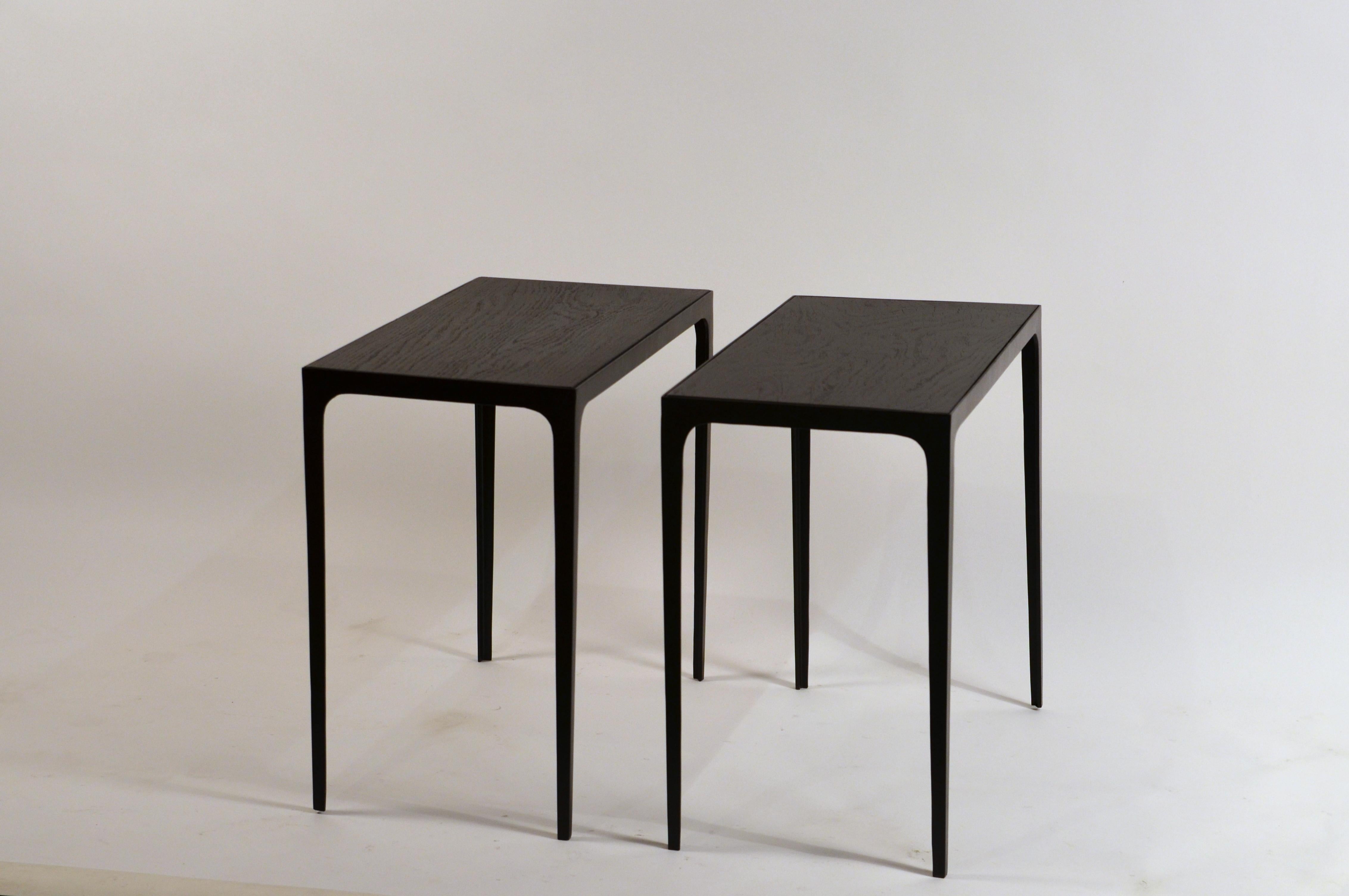 Pair of chic ebonized grooved oak 'Esquisse' side tables by Design Frères.