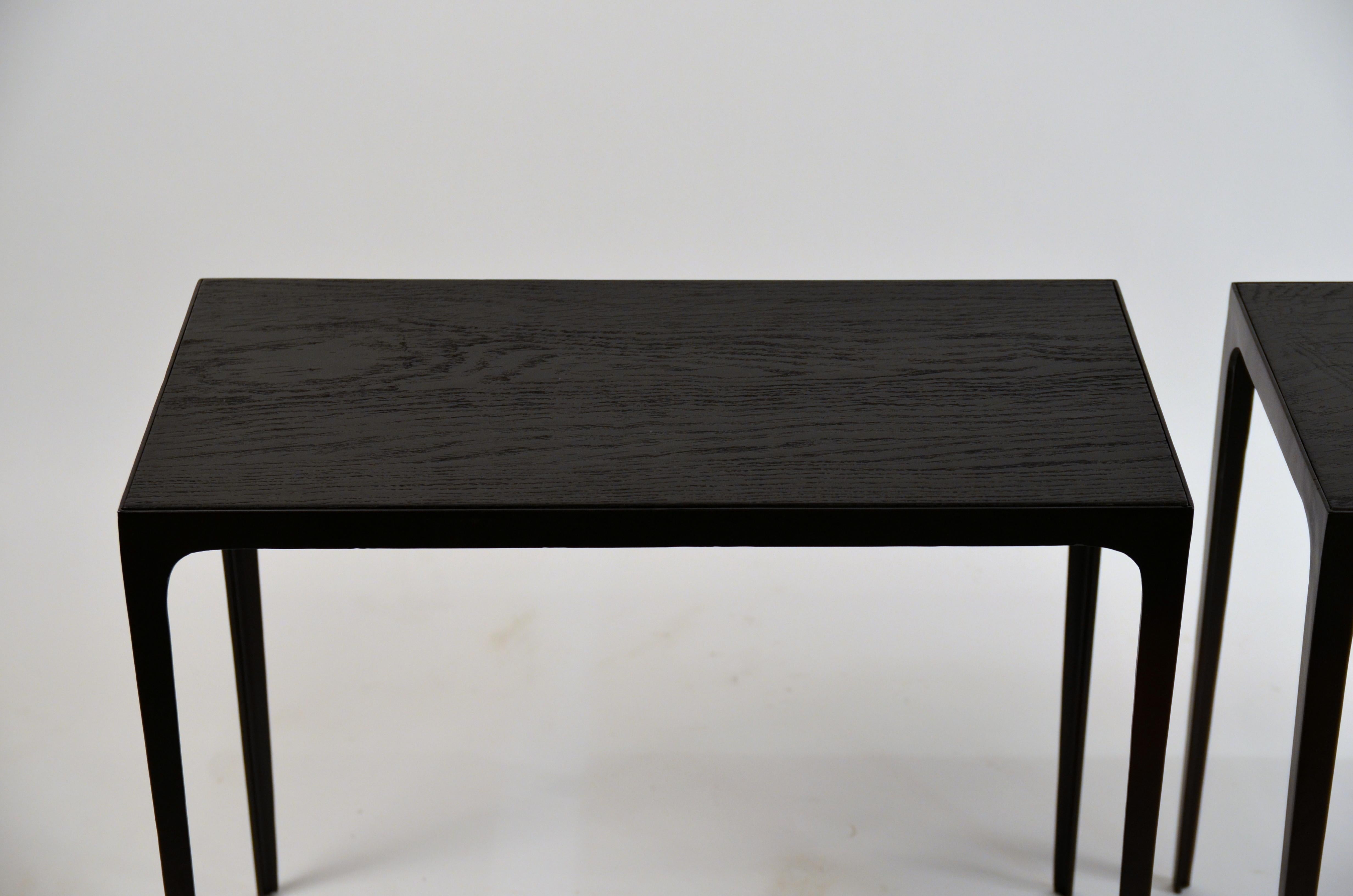 Varnished Pair of Ebonized Grooved Oak 'Esquisse' Side Tables by Design Frères For Sale