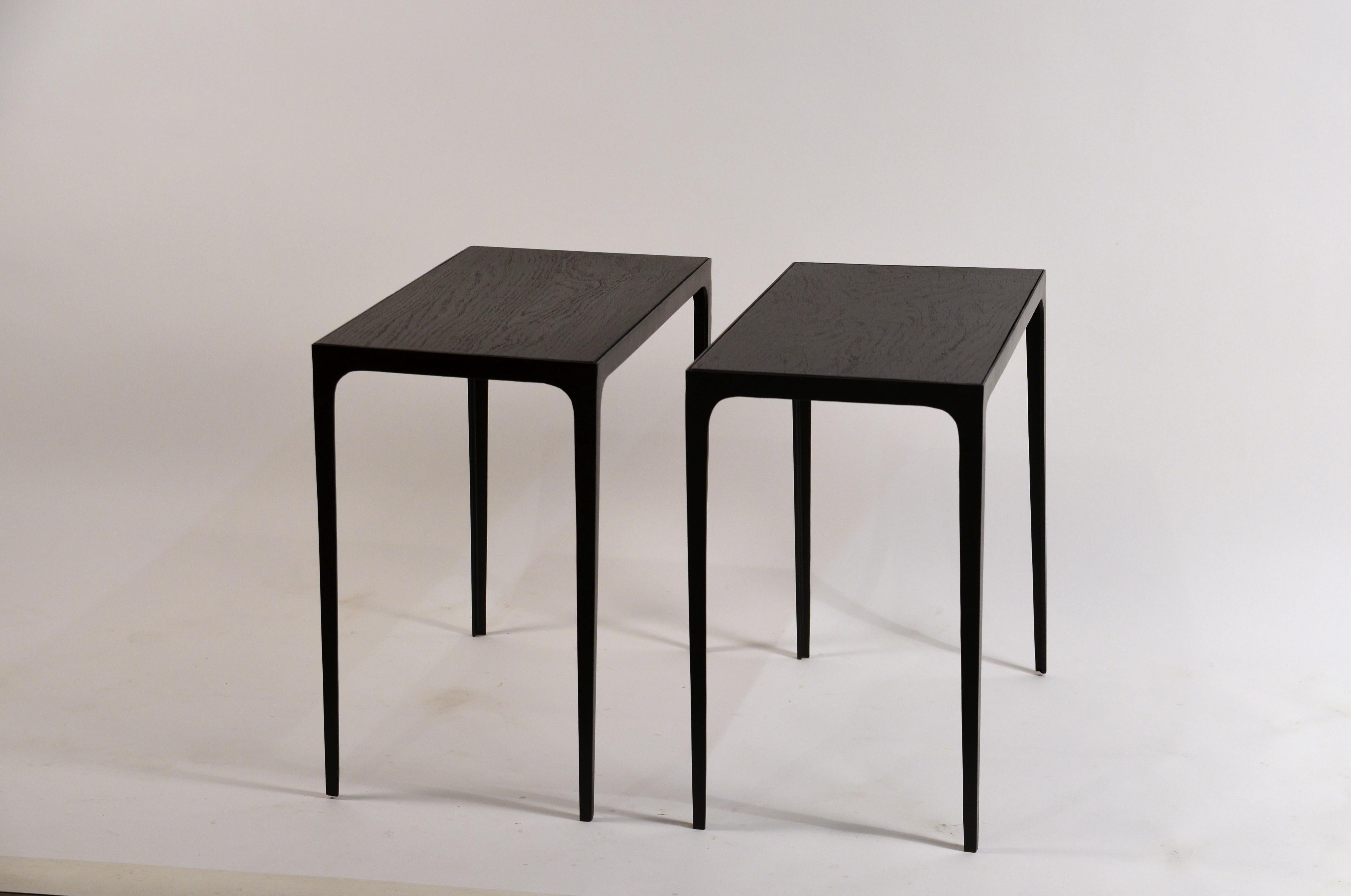 Steel Pair of Ebonized Grooved Oak 'Esquisse' Side Tables by Design Frères For Sale