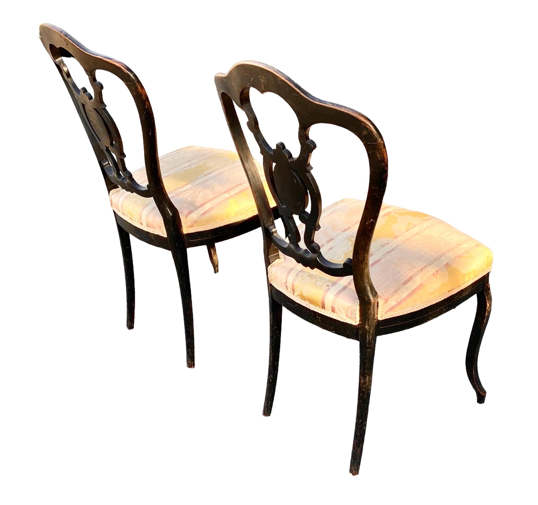 Pair of Ebonized Hand Painted Napoleon III Chairs For Sale 4