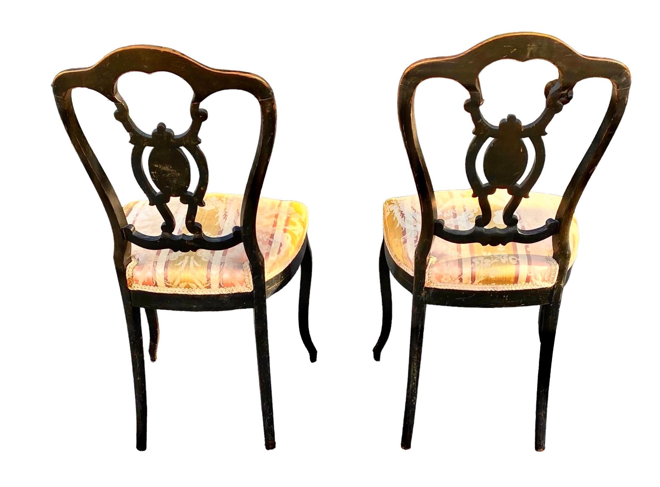 Pair of Ebonized Hand Painted Napoleon III Chairs For Sale 6