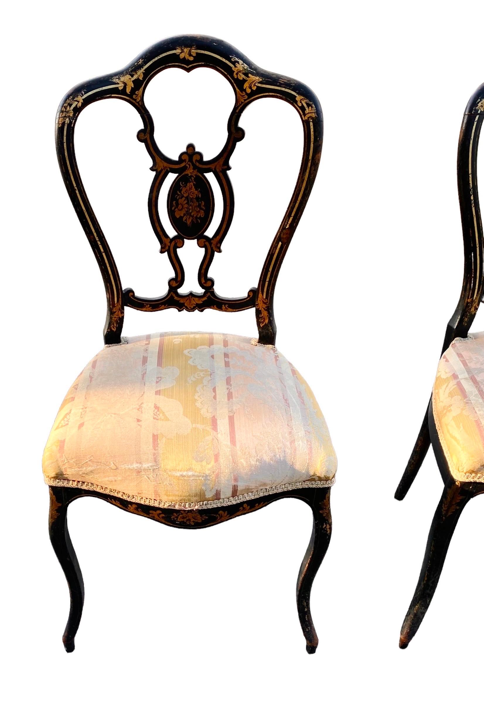 French Pair of Ebonized Hand Painted Napoleon III Chairs For Sale