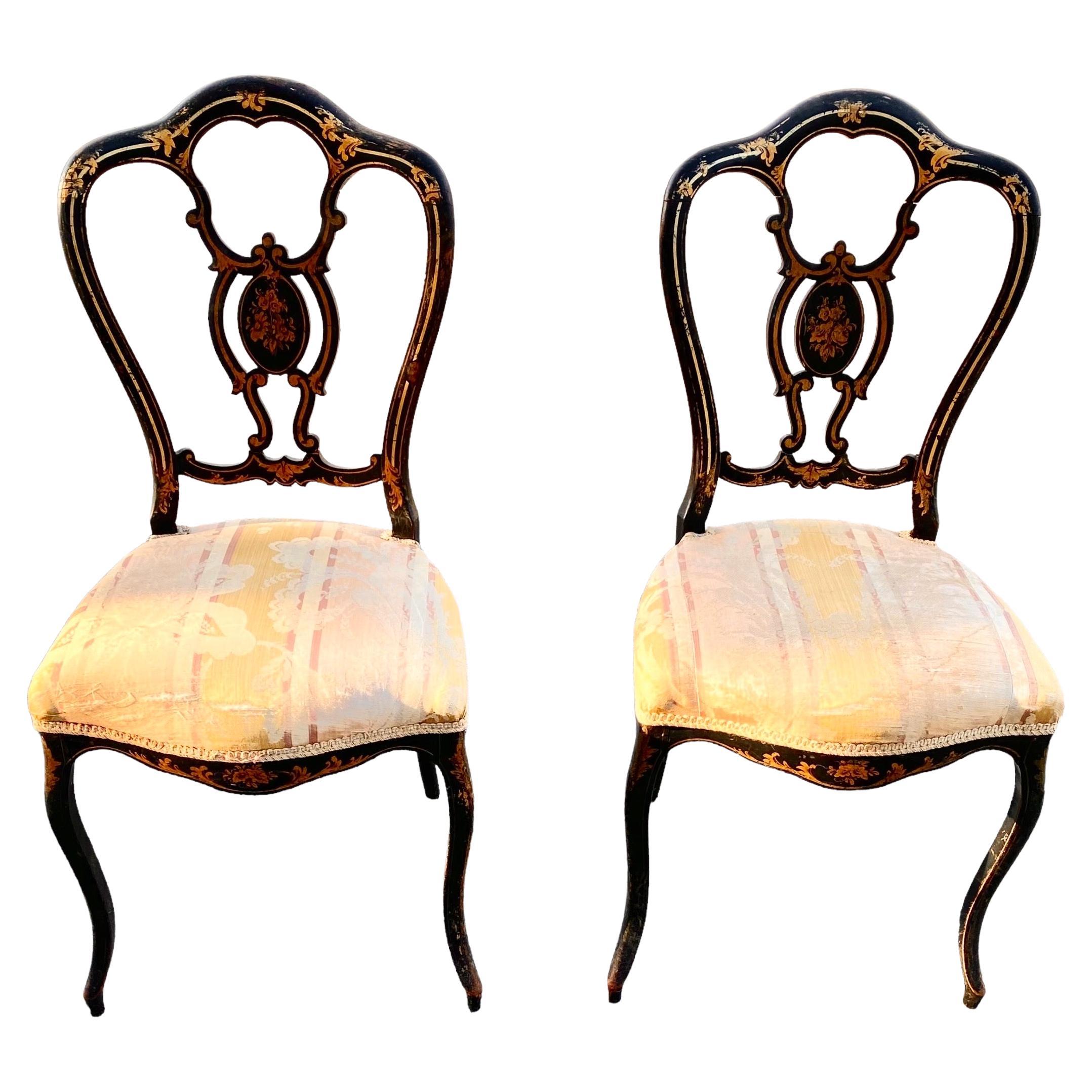 Pair of Ebonized Hand Painted Napoleon III Chairs For Sale