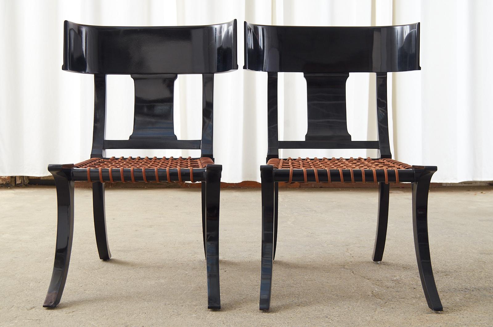 Hand-Crafted Pair of Ebonized Leather Rope Klismos Chairs After Robsjohn-Gibbings For Sale