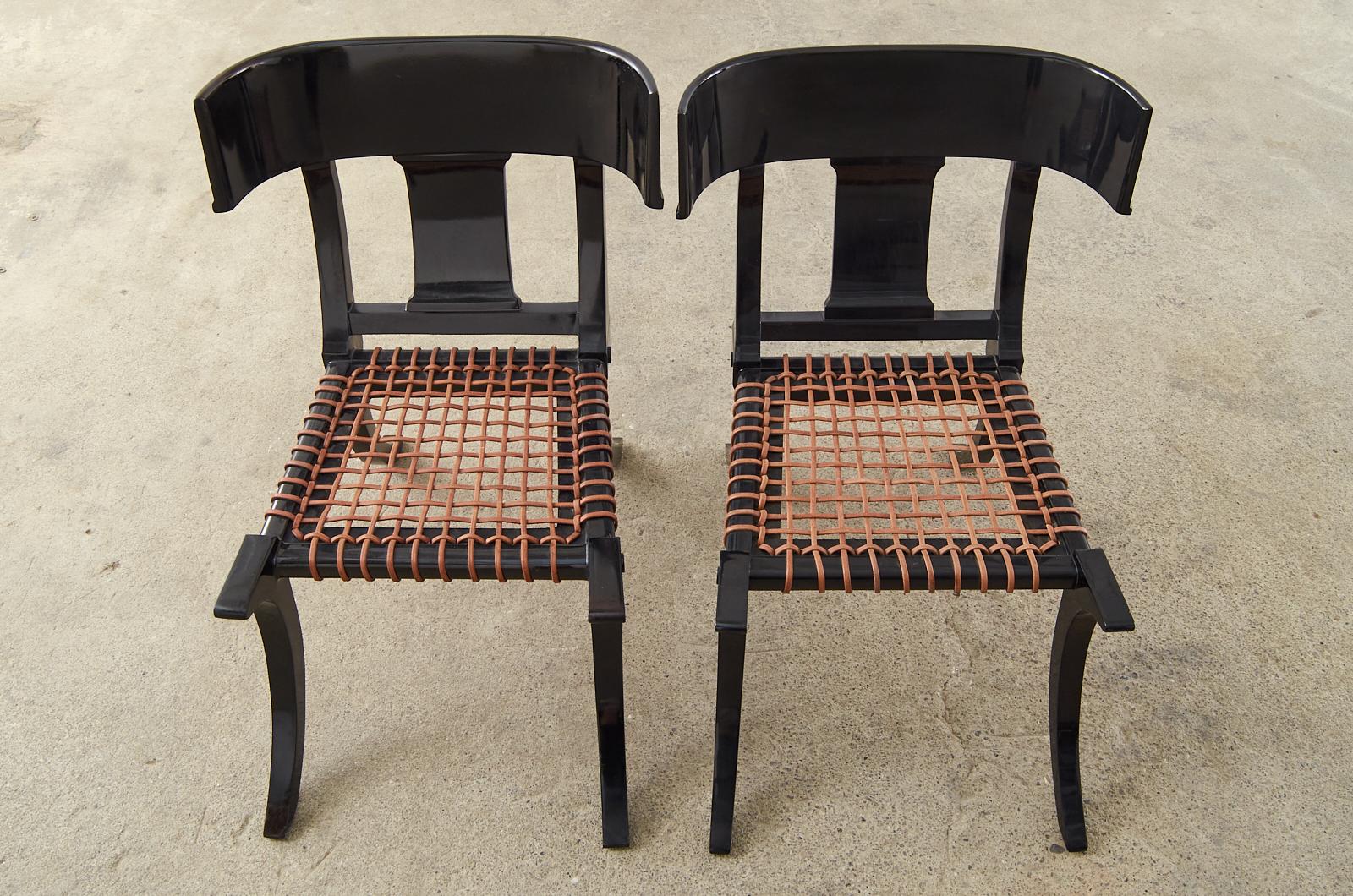 Pair of Ebonized Leather Rope Klismos Chairs After Robsjohn-Gibbings In Good Condition For Sale In Rio Vista, CA