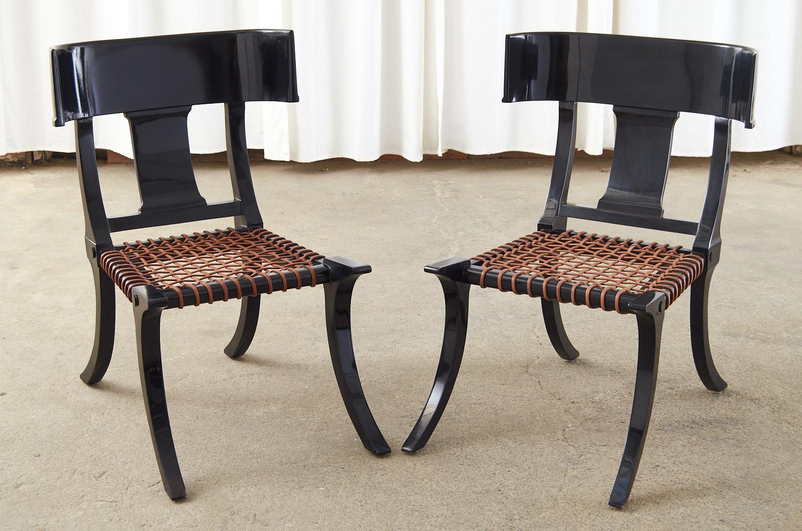 20th Century Pair of Ebonized Leather Rope Klismos Chairs After Robsjohn-Gibbings For Sale