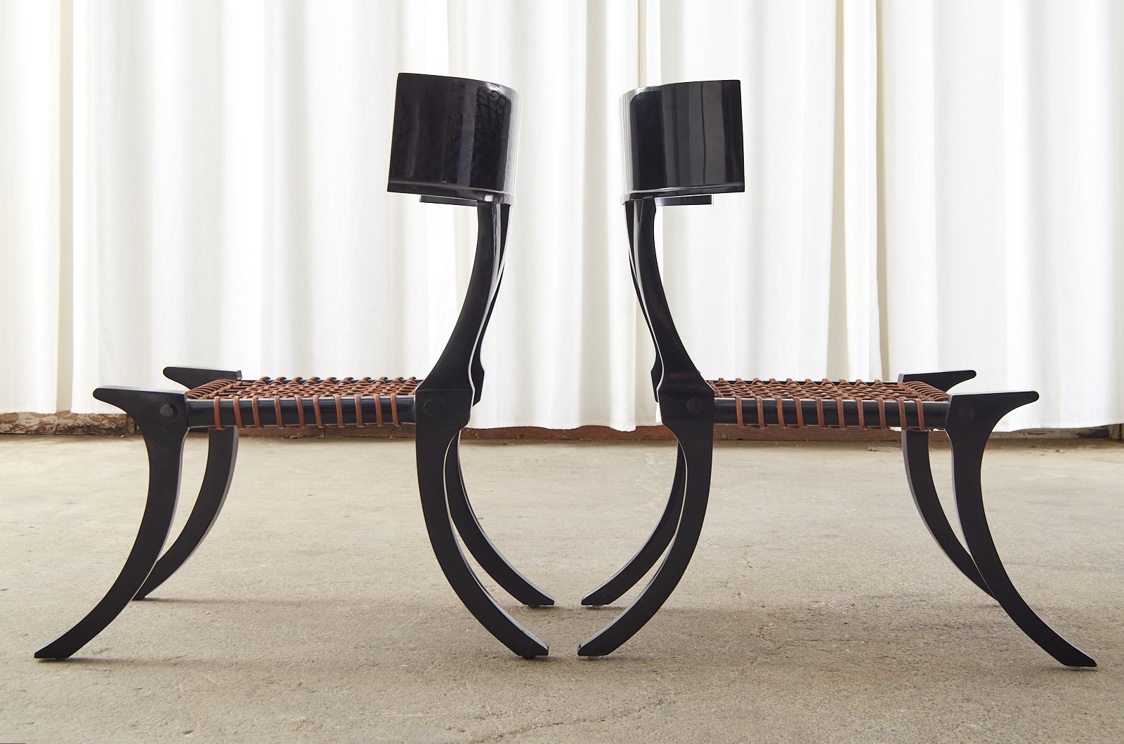 Pair of Ebonized Leather Rope Klismos Chairs After Robsjohn-Gibbings For Sale 3