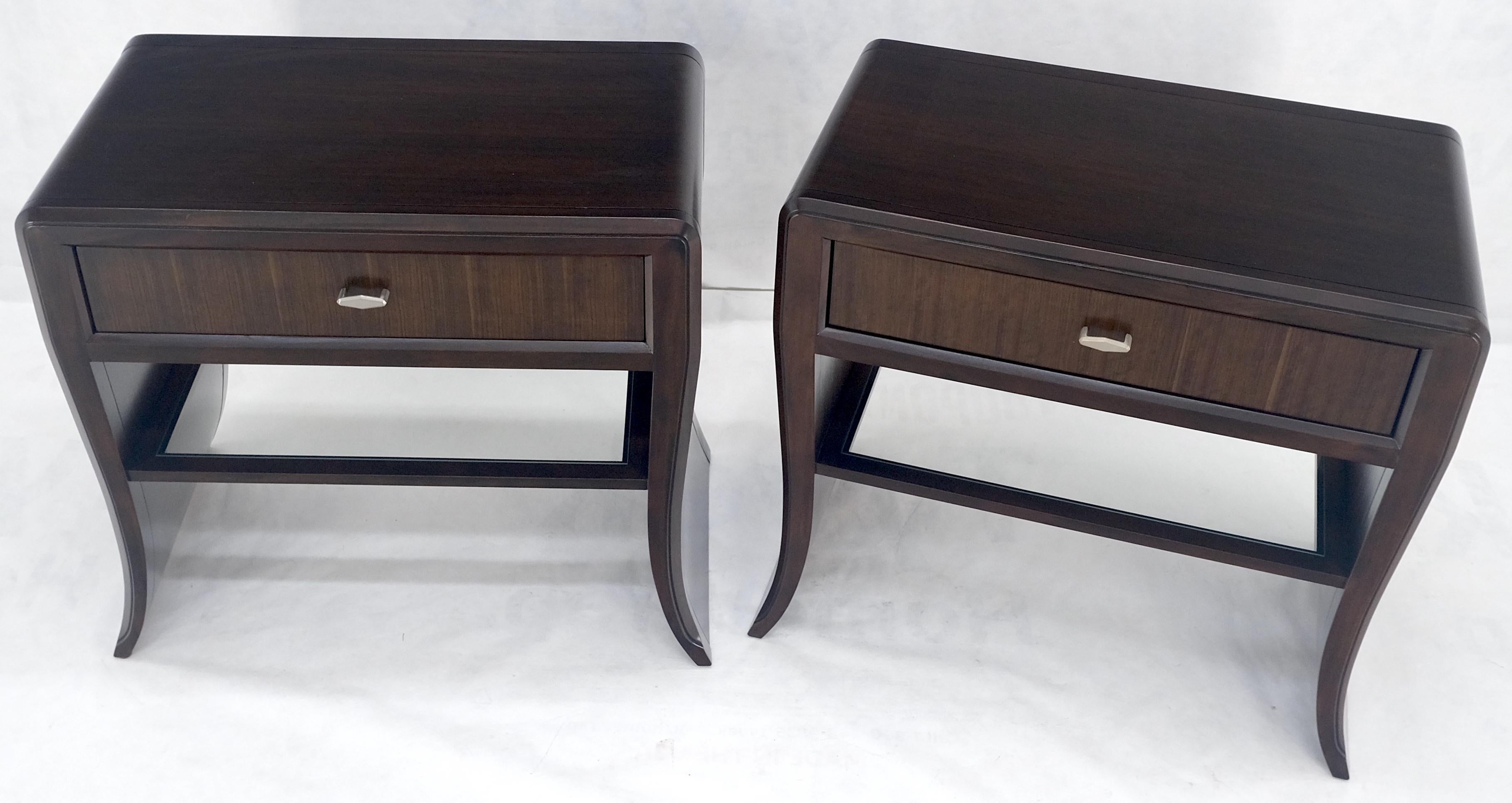 Pair of Ebonized Mahogany Waterfall Art Deco Style Night Stands End Tables One Drawer Cabinets MINT
