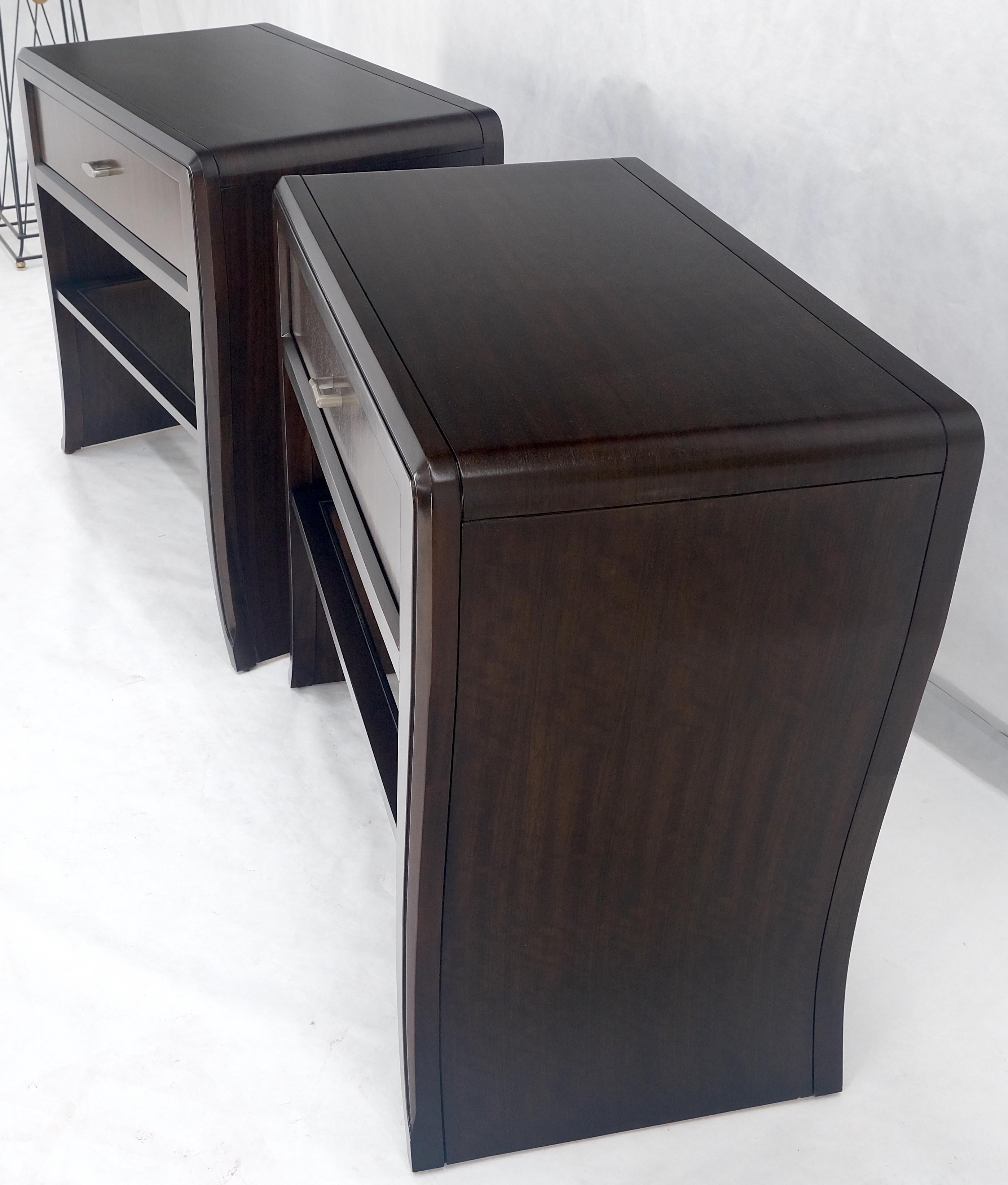 Mid-Century Modern Pair of Ebonized Mahogany Waterfall Art Deco Style Night Stands Cabinets MINT For Sale