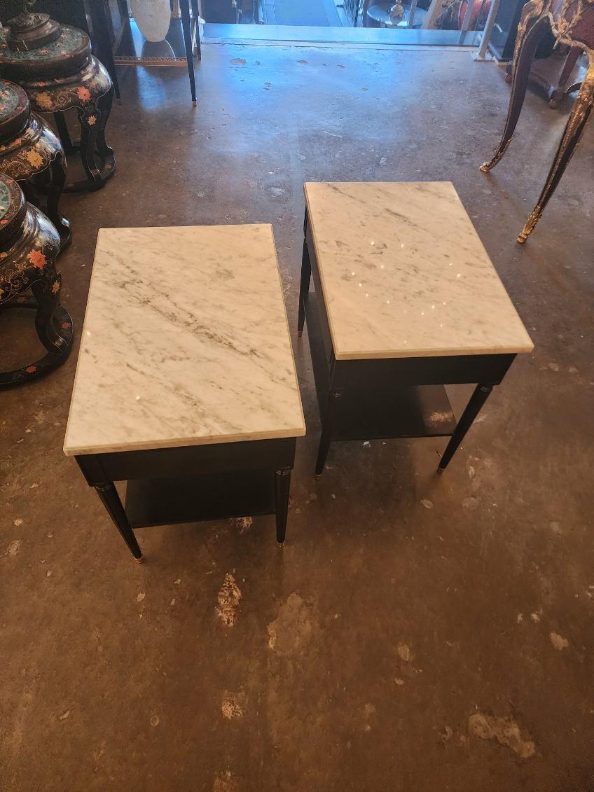 Pair Of Ebonized Marble Top Tables  In Excellent Condition For Sale In Dallas, TX