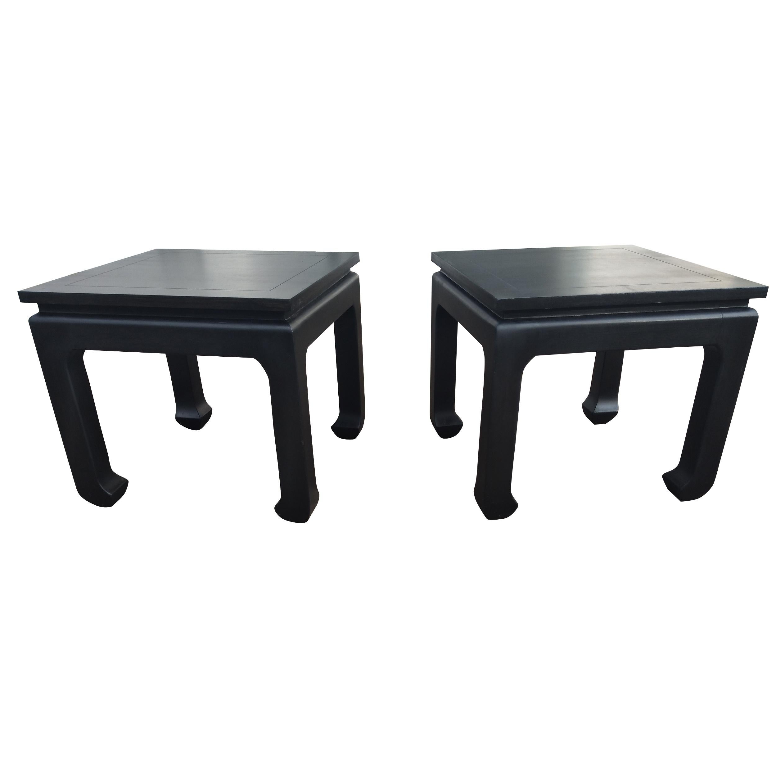 Pair of Ebonized ming style side tables

Chinoiserie style side tables, from mid to late-20th century. Ebonized finish with Ming style legs and recessed aprons.
We have a large coffee table available as well. See photos.


