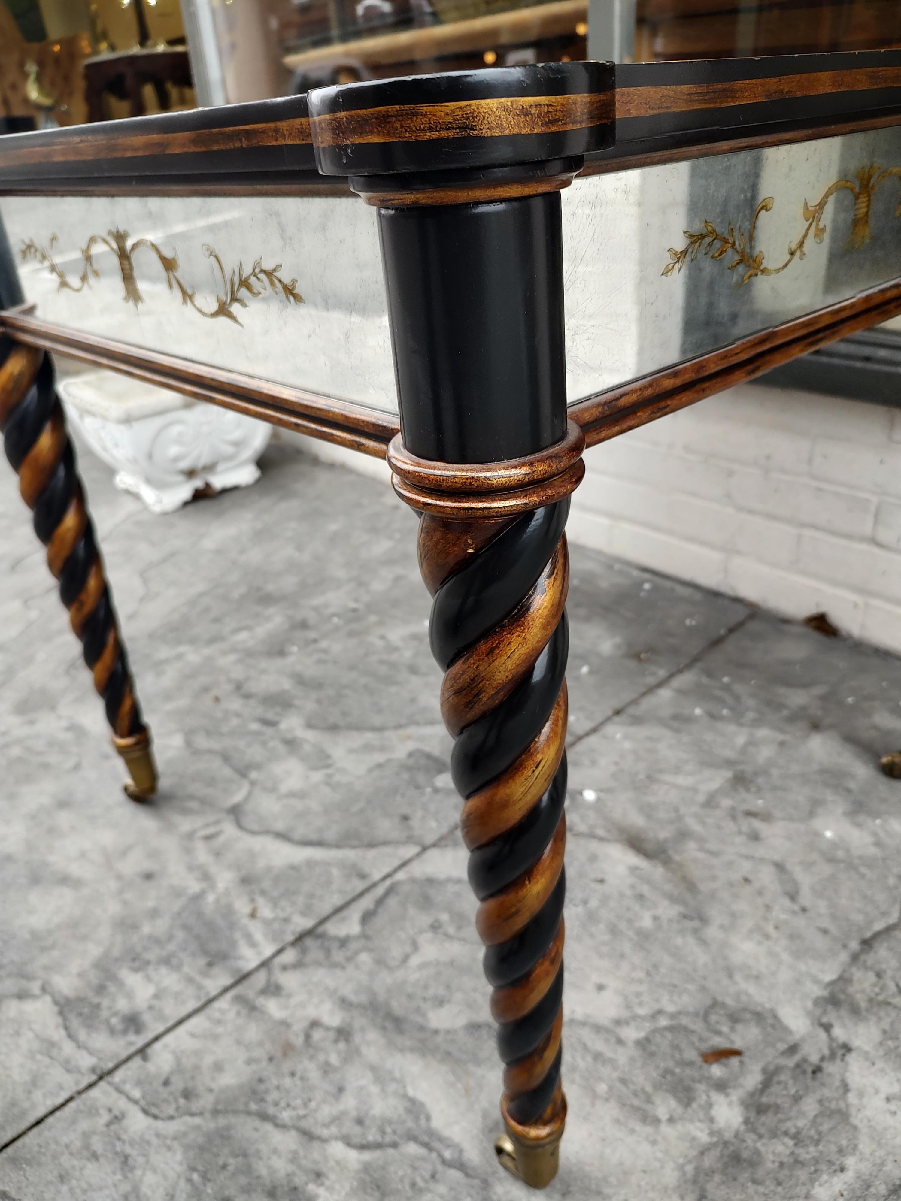 Pair of Ebonized Eglomise Mirrored Tables w Spiral Twist Legs and