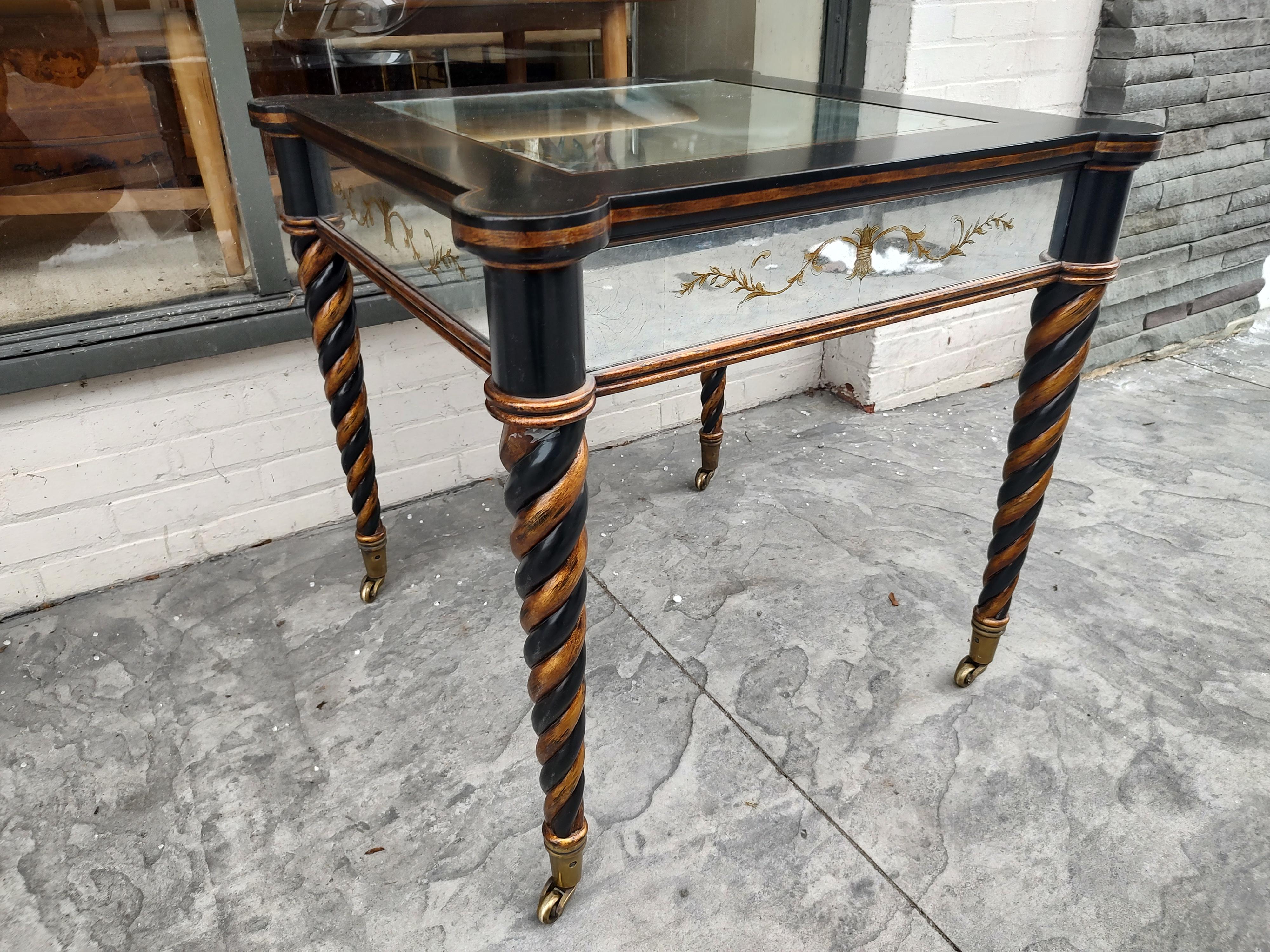 Pair of Ebonized Eglomise Mirrored Tables w Spiral Twist Legs & Partial Gilt For Sale 2