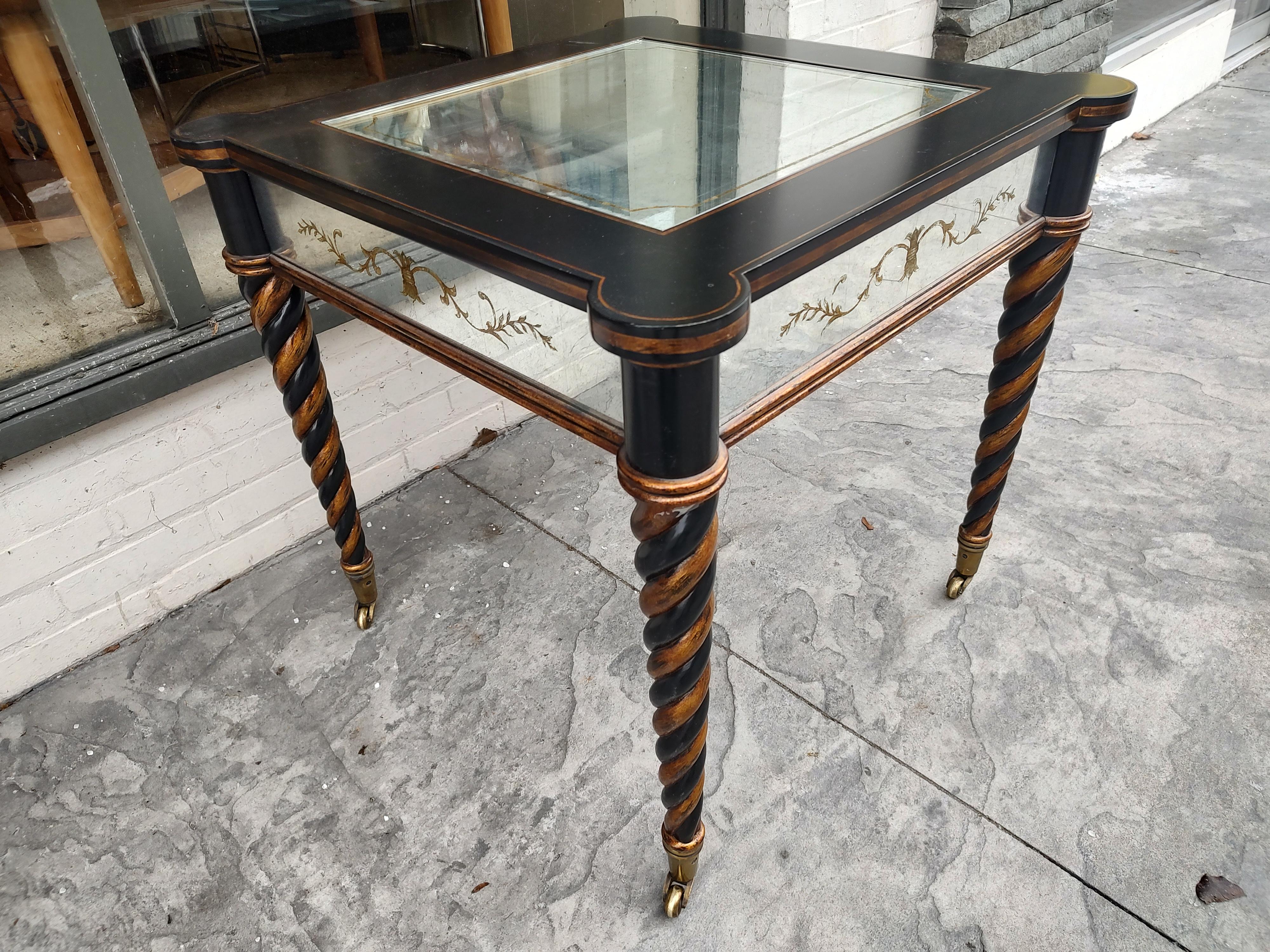 Pair of Ebonized Eglomise Mirrored Tables w Spiral Twist Legs & Partial Gilt  For Sale 1