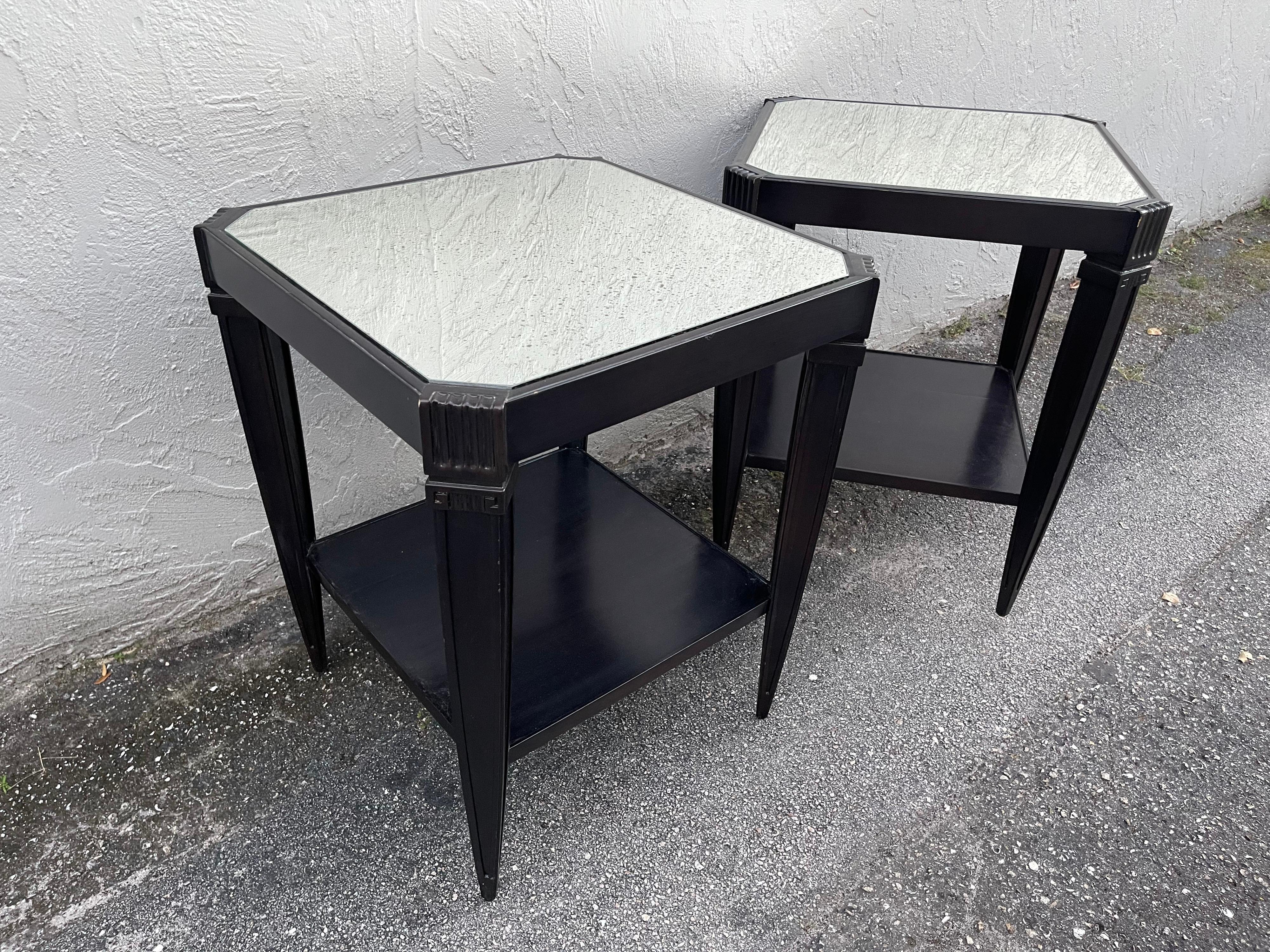 Pair of Ebonized & Mirrored Two Tier End Tables by Dessin Fournir For Sale 5