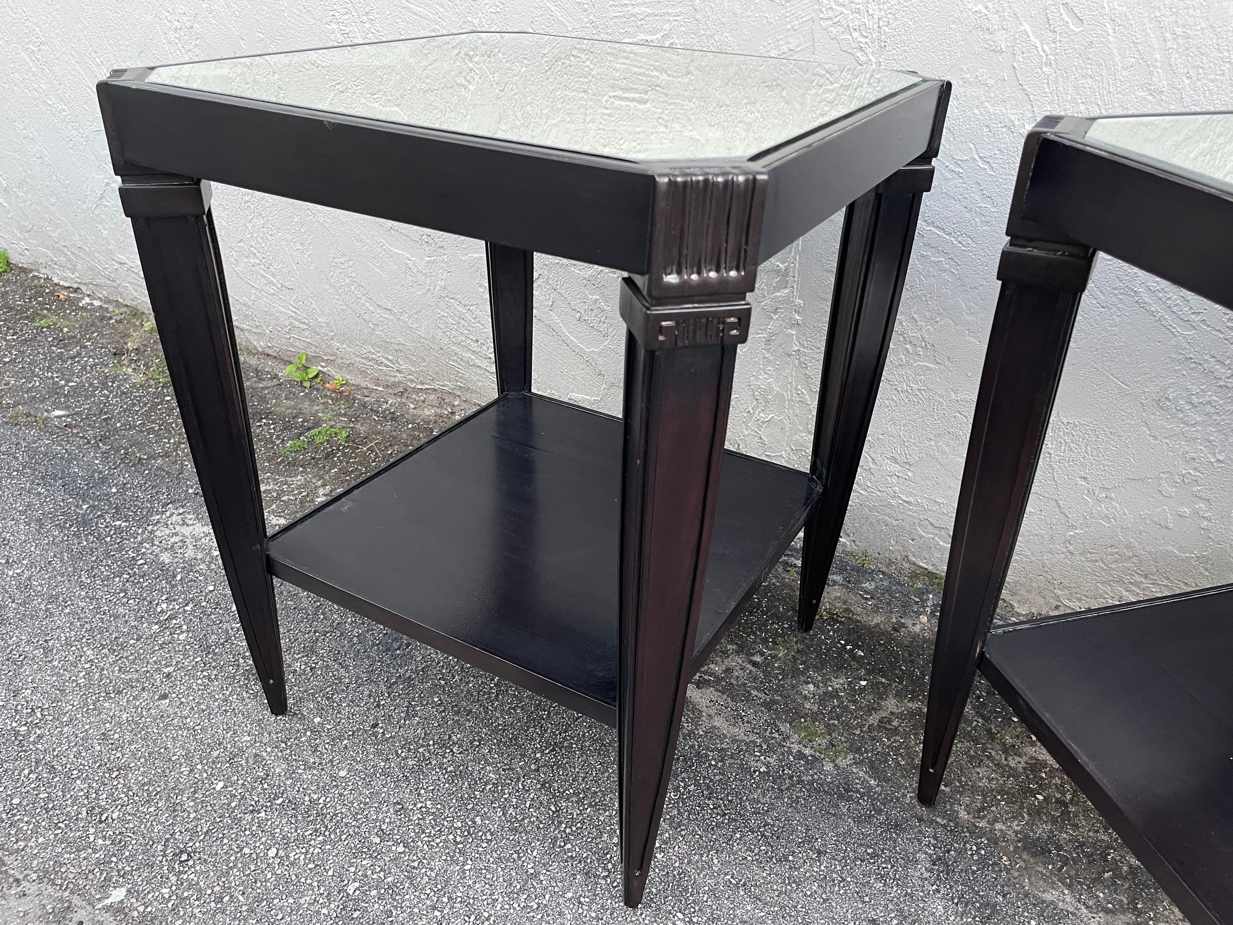 American Pair of Ebonized & Mirrored Two Tier End Tables by Dessin Fournir For Sale