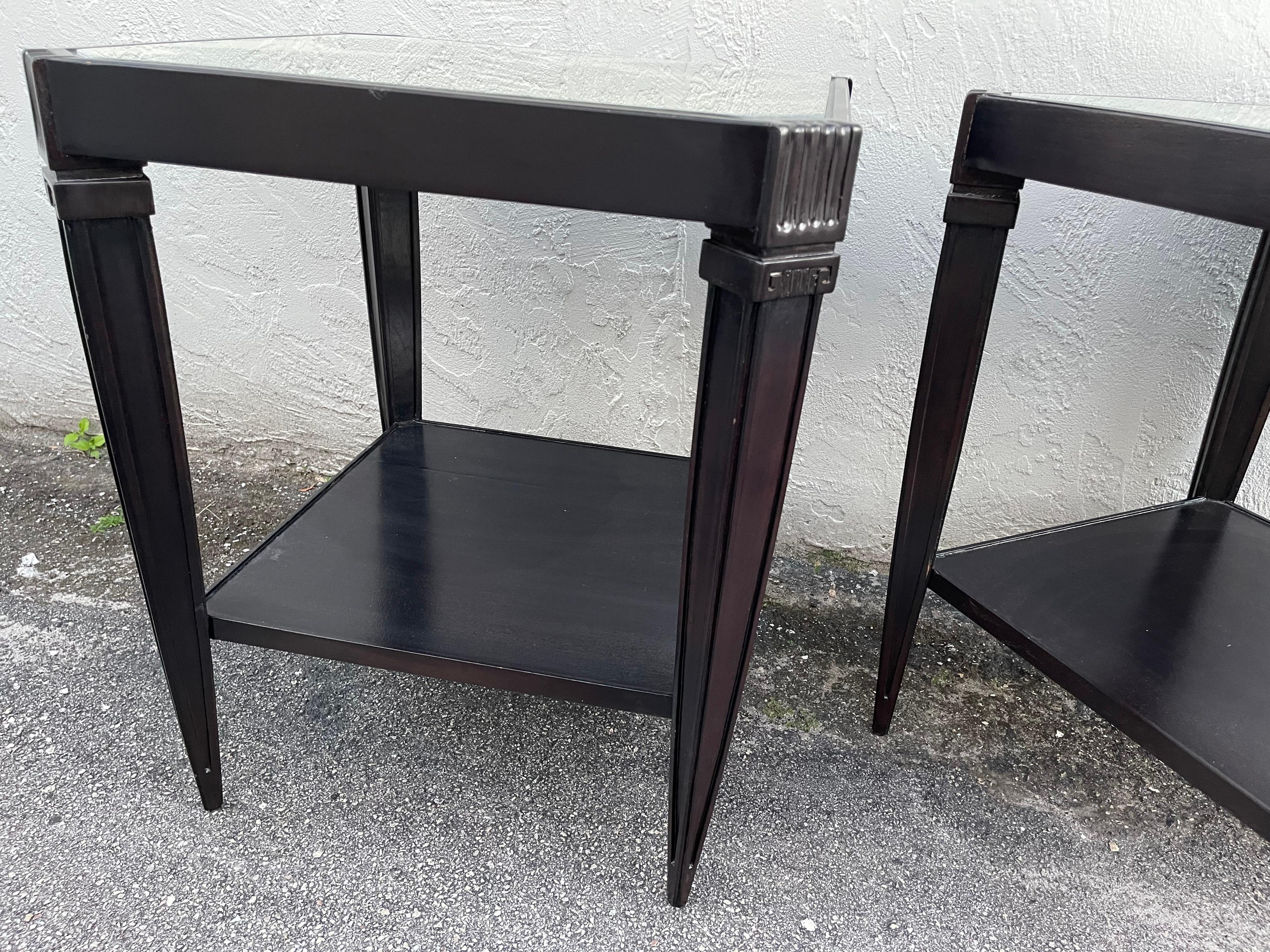 Pair of Ebonized & Mirrored Two Tier End Tables by Dessin Fournir In Good Condition For Sale In West Palm Beach, FL