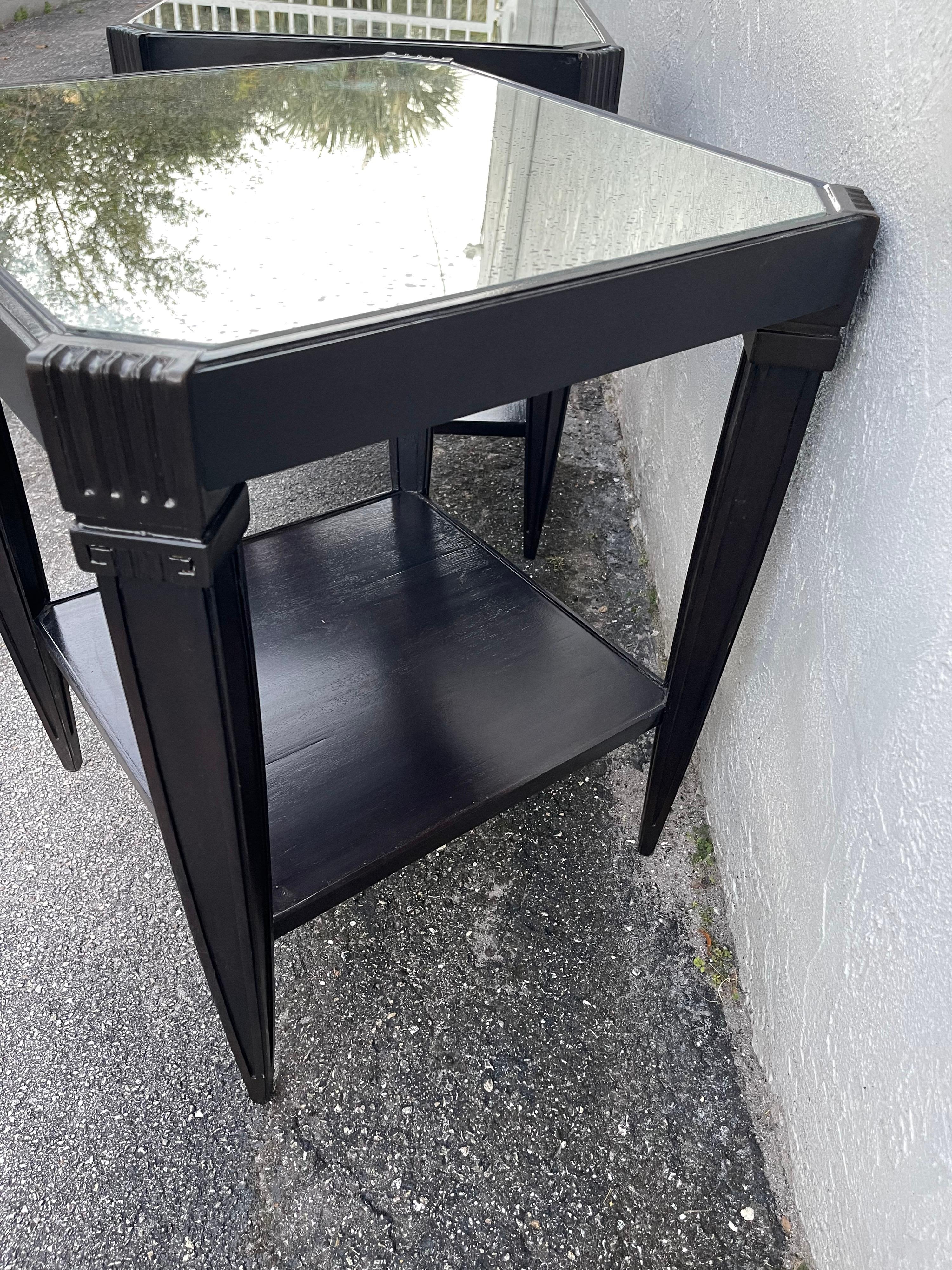 Pair of Ebonized & Mirrored Two Tier End Tables by Dessin Fournir For Sale 1