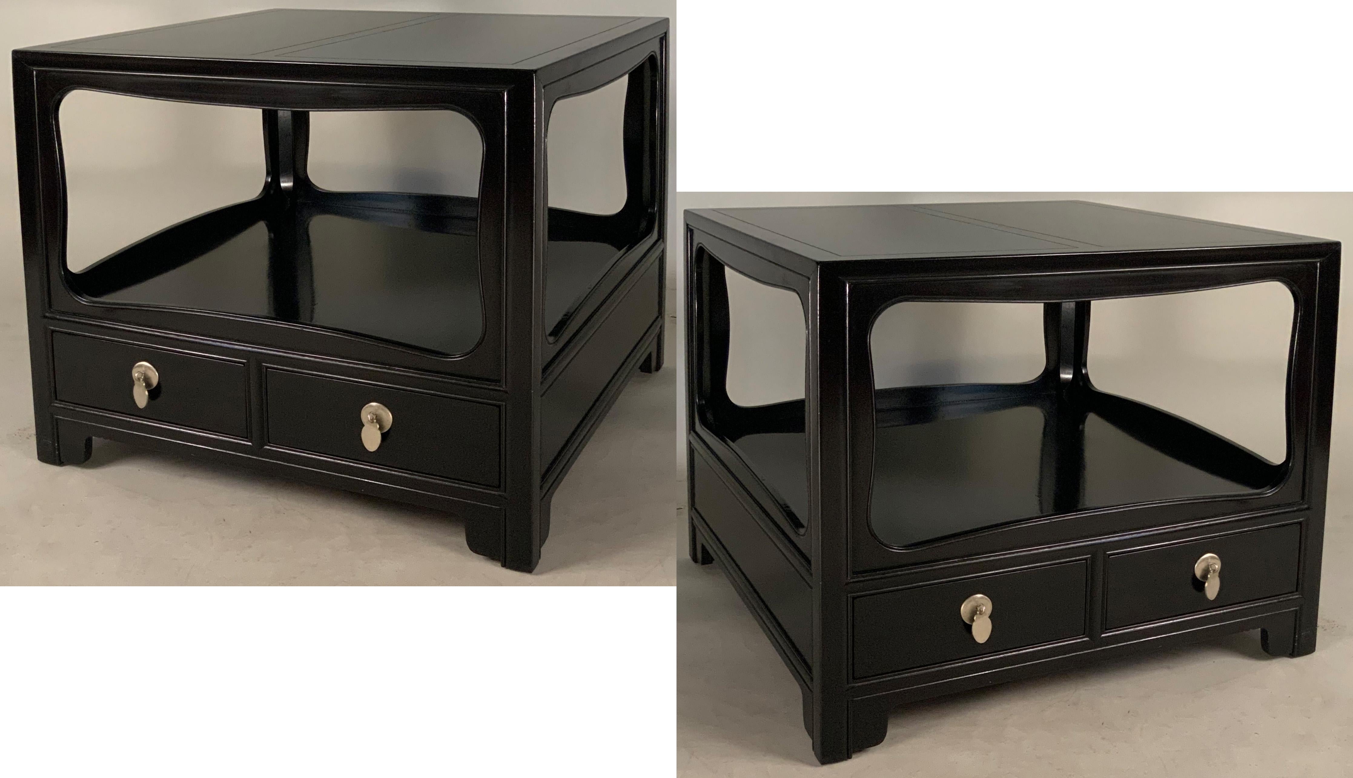 A very handsome pair of large open cube ebonized nightstands designed by Michael Taylor for Baker, circa 1960s. Beautiful design with elegant details and polished steel tab drawer pulls.