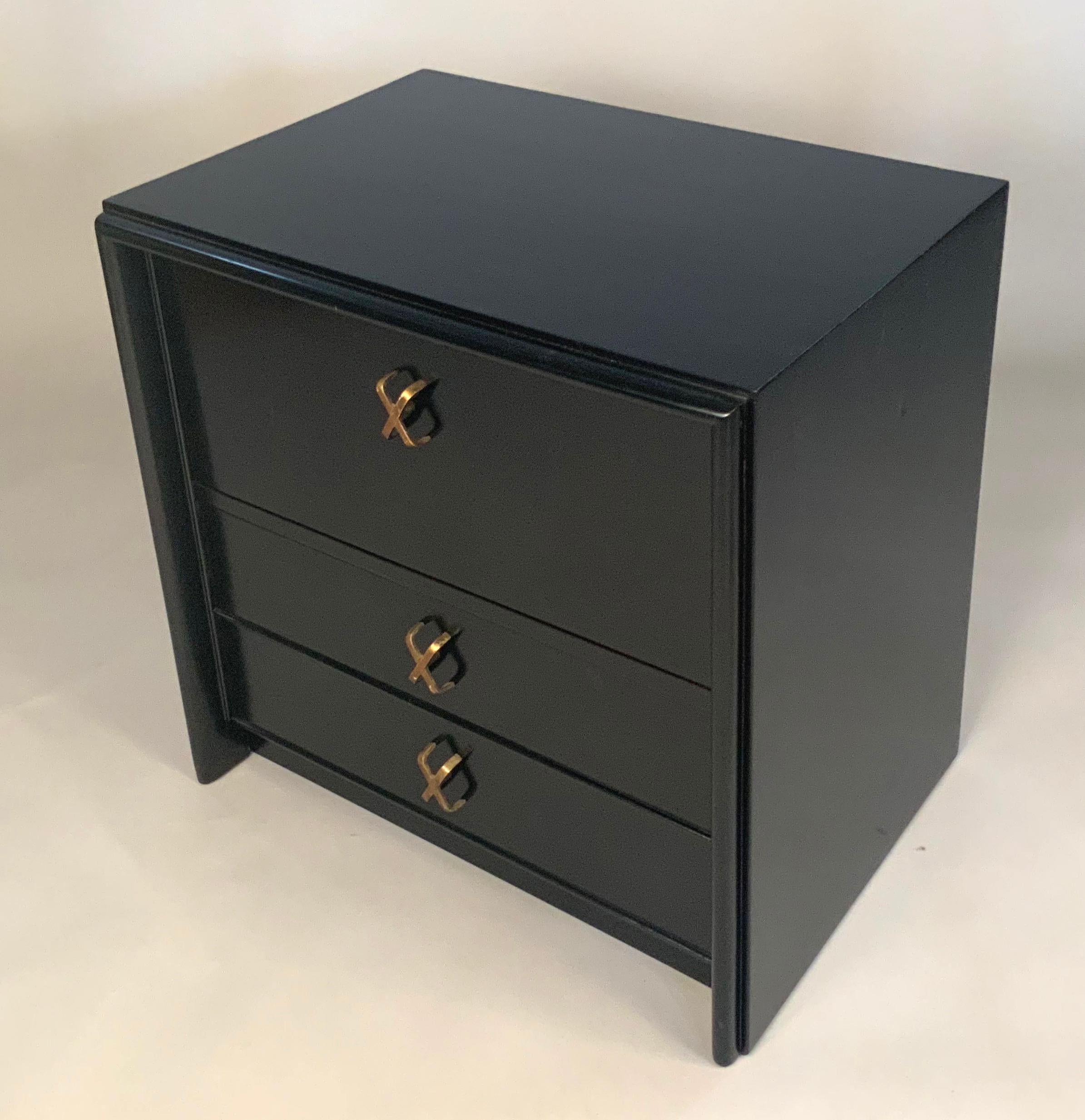 American Pair of Ebonized Nightstands with Brass 