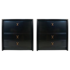Pair of Ebonized Nightstands with Brass "X" Fittings by Paul Frankl﻿
