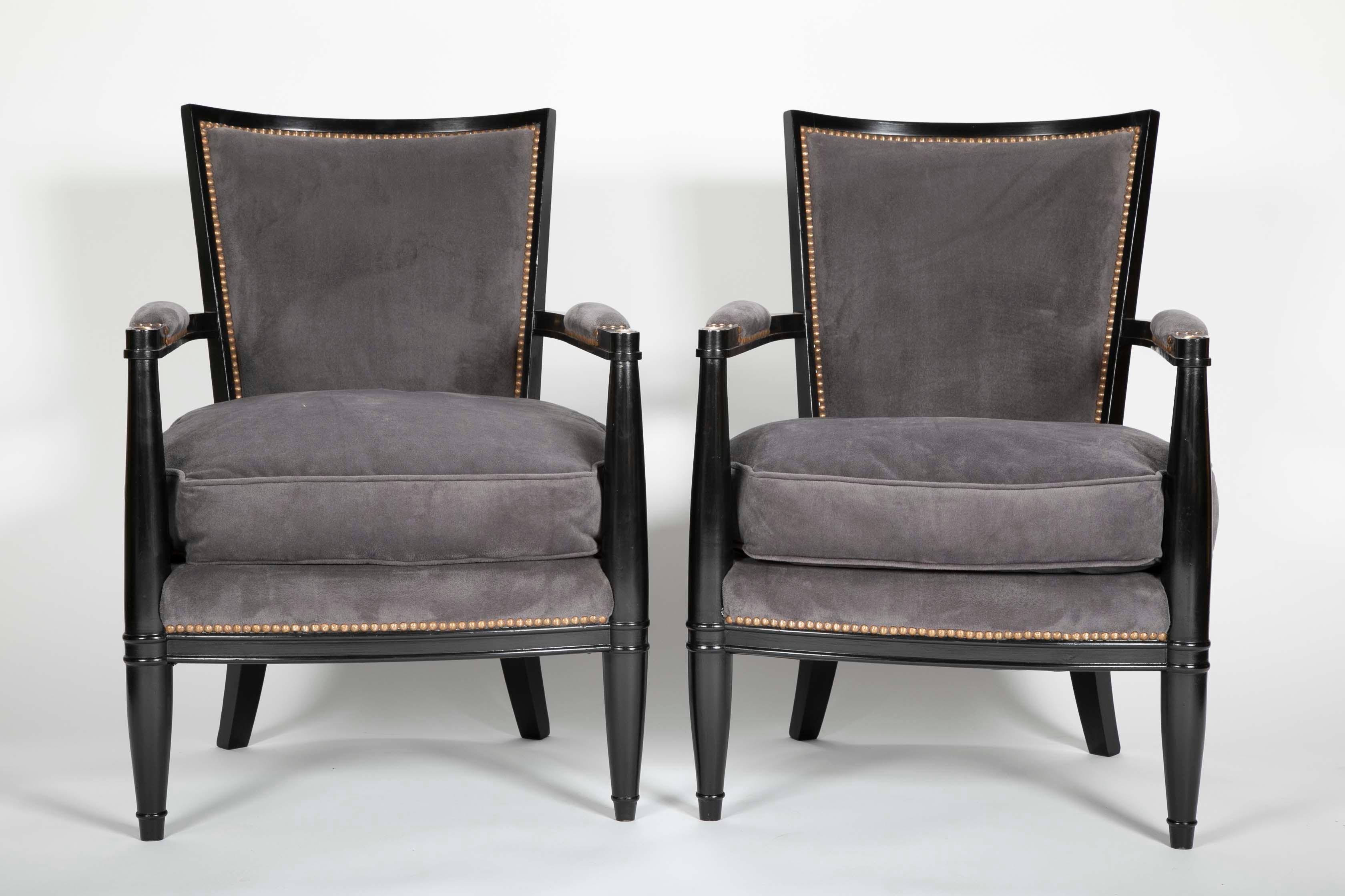 Pair of Ebonized Open Armchairs French Directoire in the Manner of Andre Arbus In Good Condition For Sale In Stamford, CT
