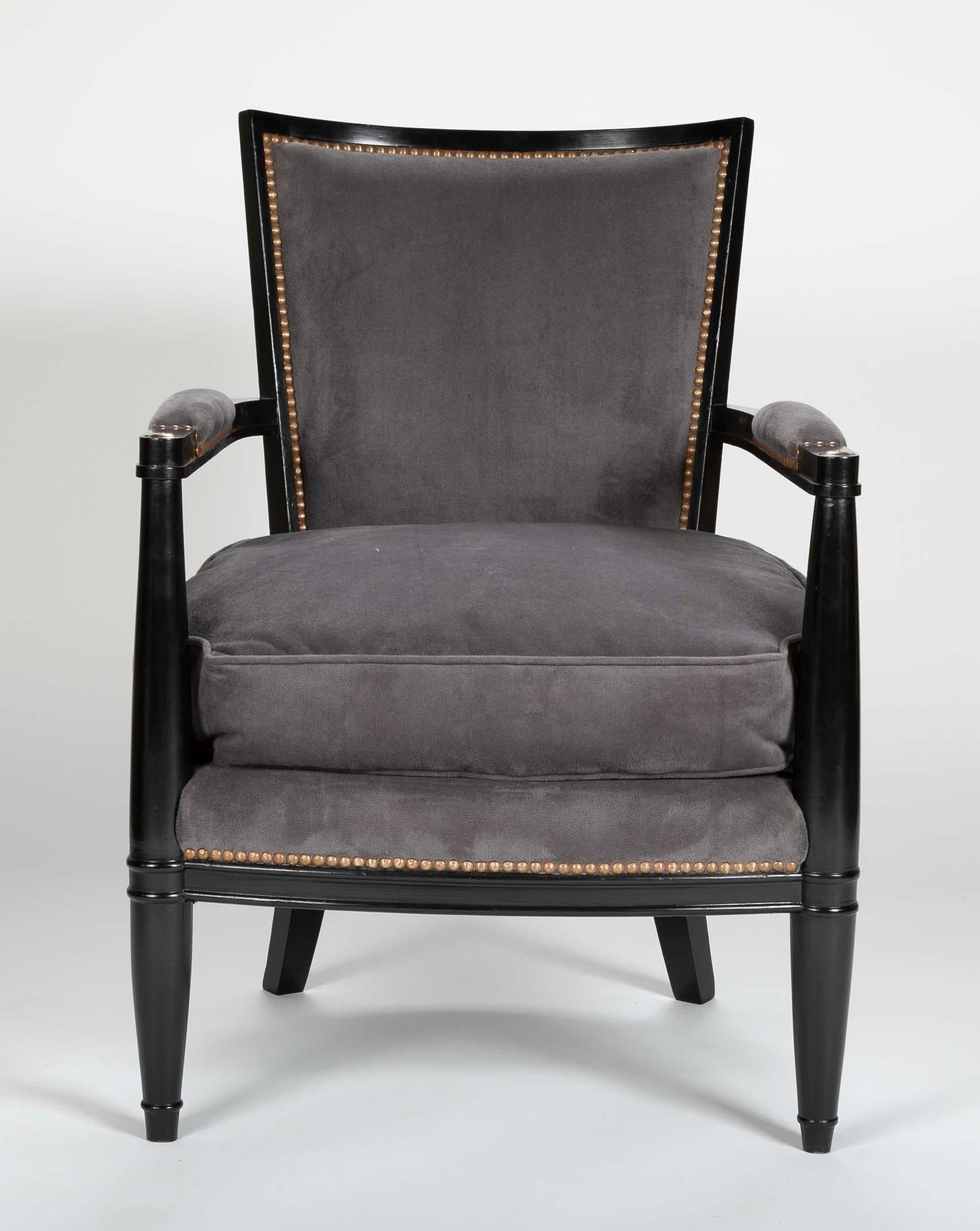 Mid-20th Century Pair of Ebonized Open Armchairs French Directoire in the Manner of Andre Arbus For Sale