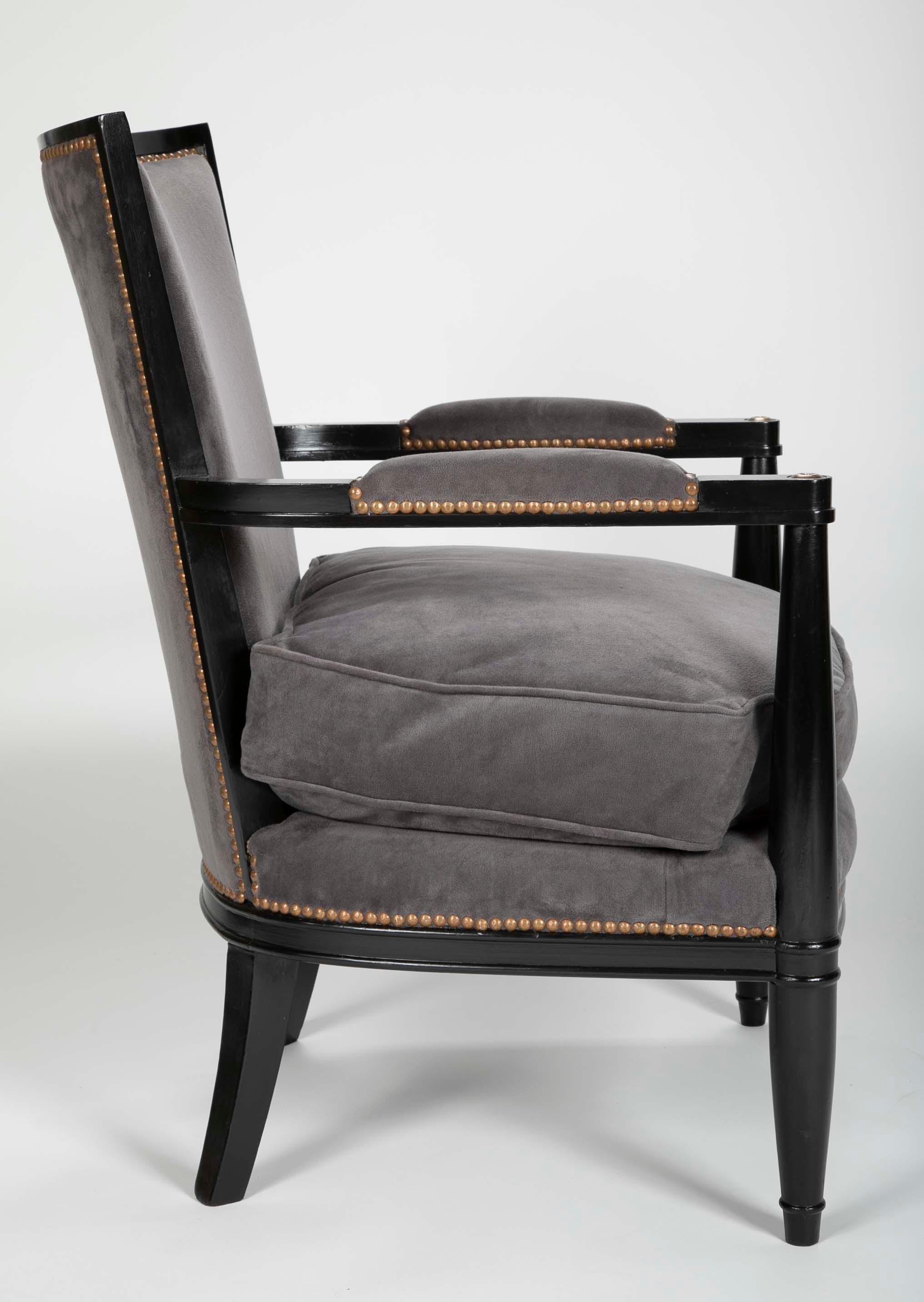 Pair of Ebonized Open Armchairs French Directoire in the Manner of Andre Arbus For Sale 2