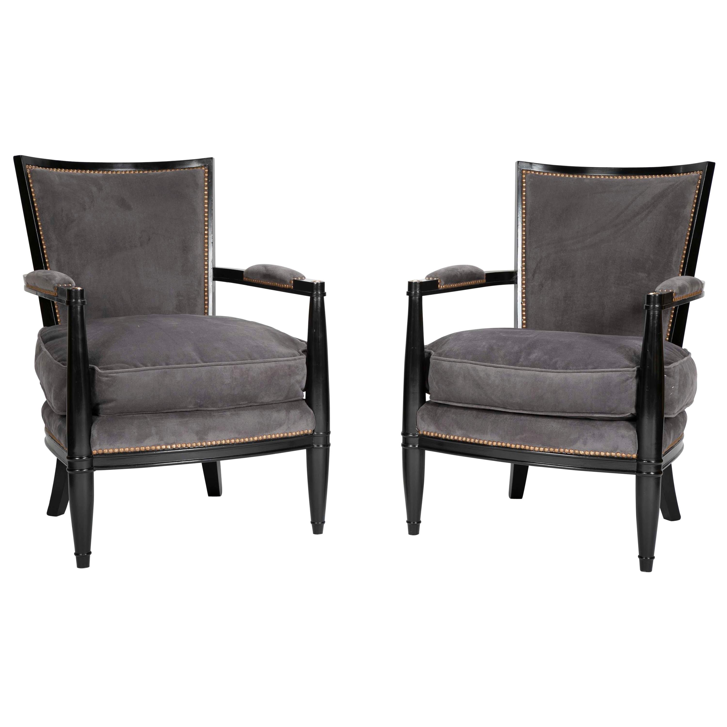 Pair of Ebonized Open Armchairs French Directoire in the Manner of Andre Arbus