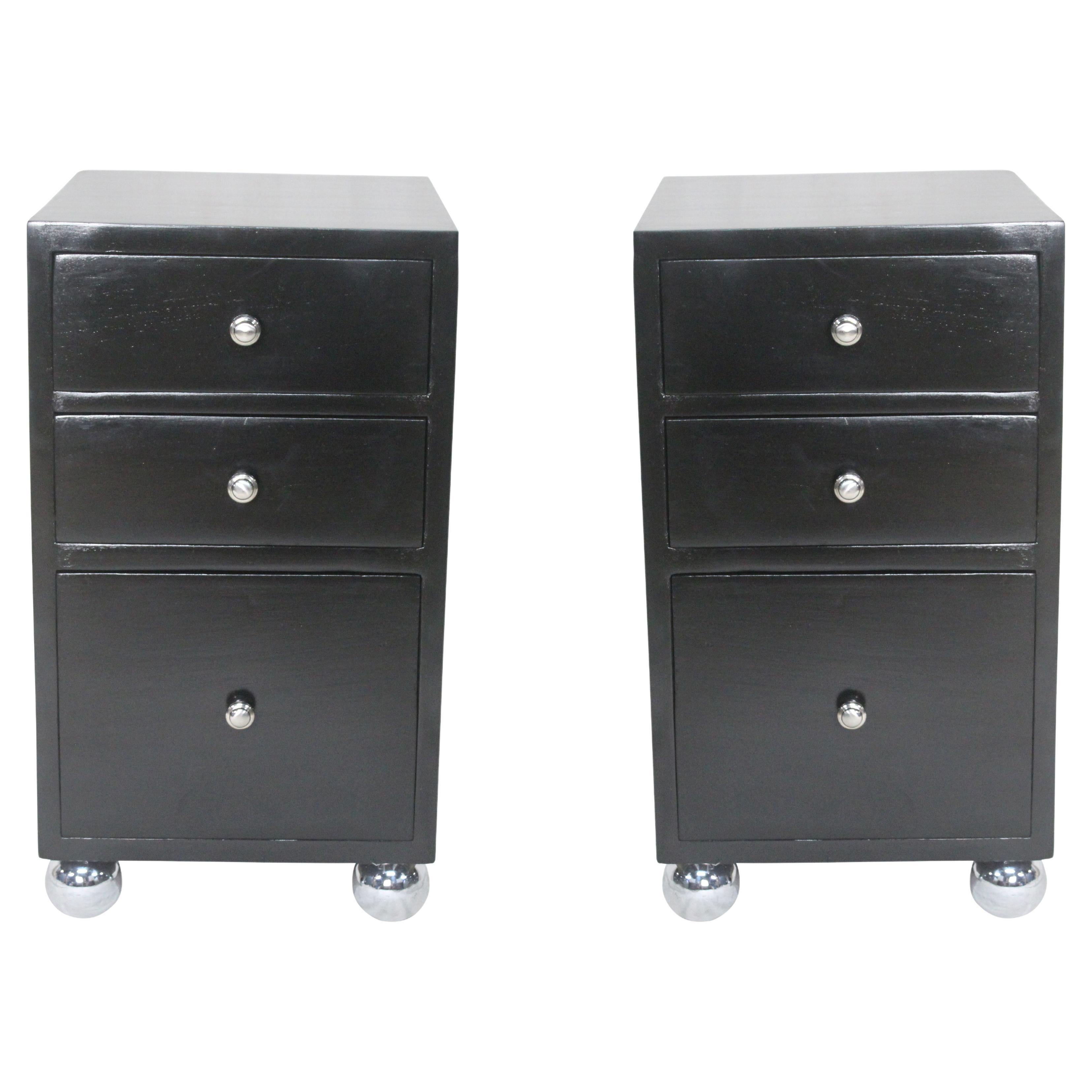 Pair of Ebonized Rosewood and Chrome Mid-Century Modern Side or End Tables