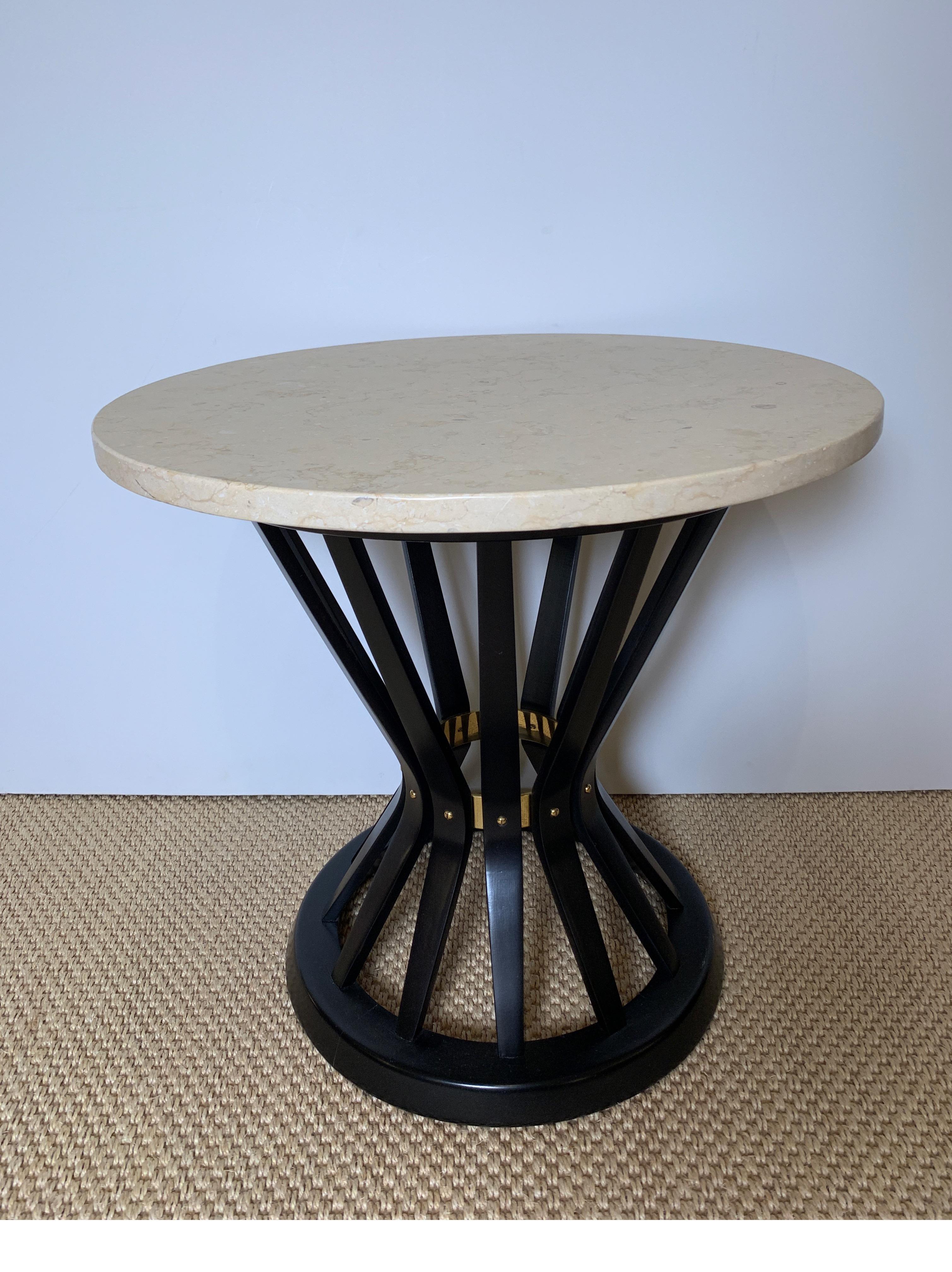 Mid-Century Modern Pair of Ebonized Side Tables with Travertine Tops by Edward Wormley for Dunbar