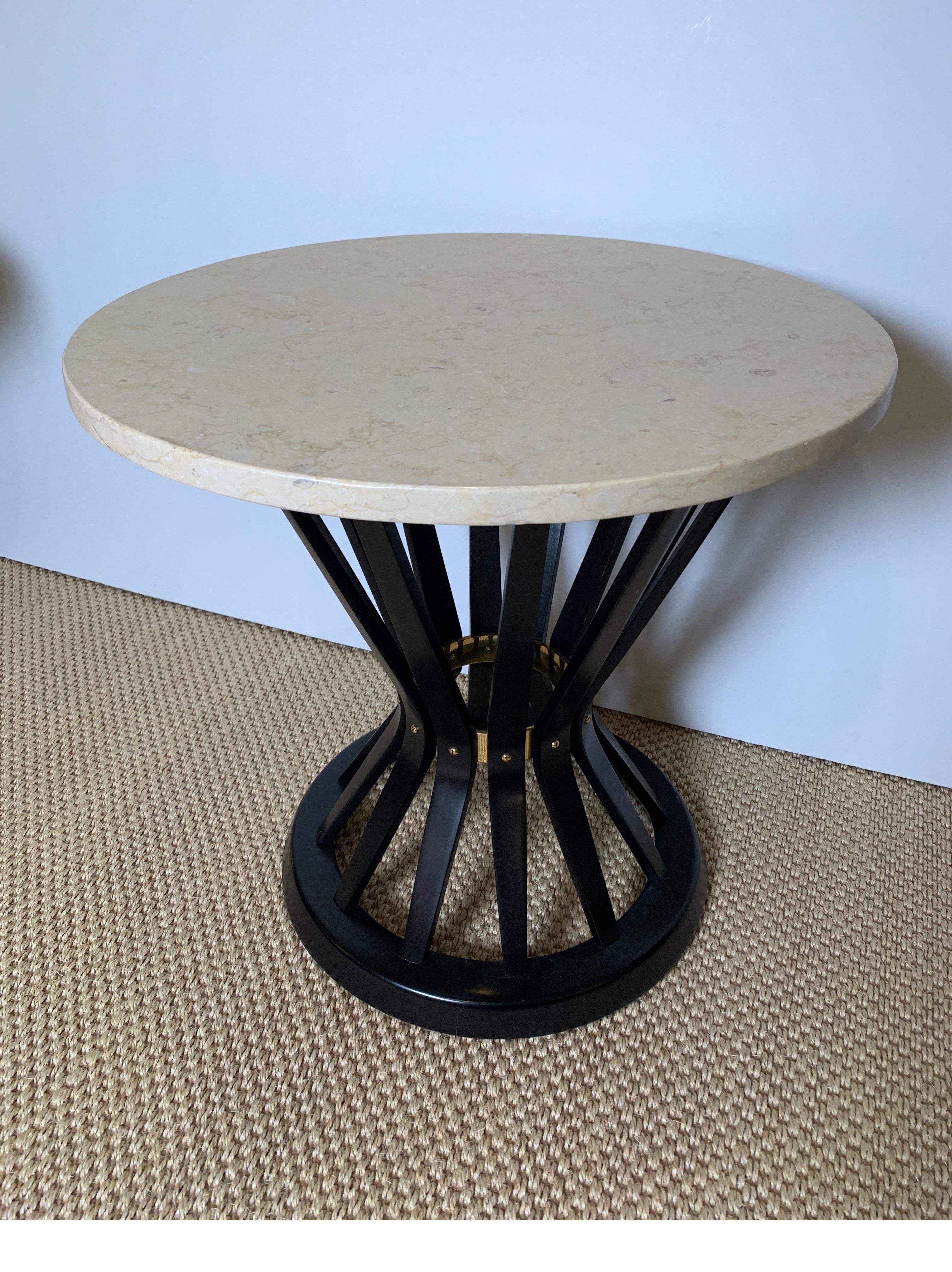 Brass Pair of Ebonized Side Tables with Travertine Tops by Edward Wormley for Dunbar