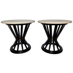 Pair of Ebonized Side Tables with Travertine Tops by Edward Wormley for Dunbar