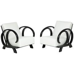 Pair of Ebonized Teakwood Armchairs, Double Scrolled Arms