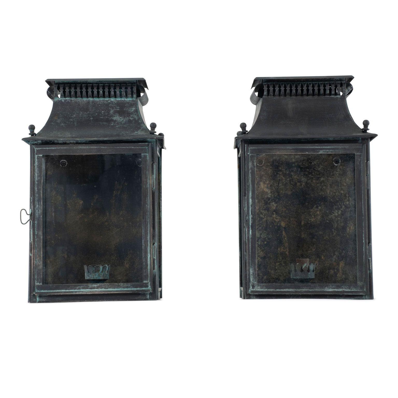 Pair of Ebonized Tole and Glass Wall-Mounted Lanterns In Fair Condition In Houston, TX