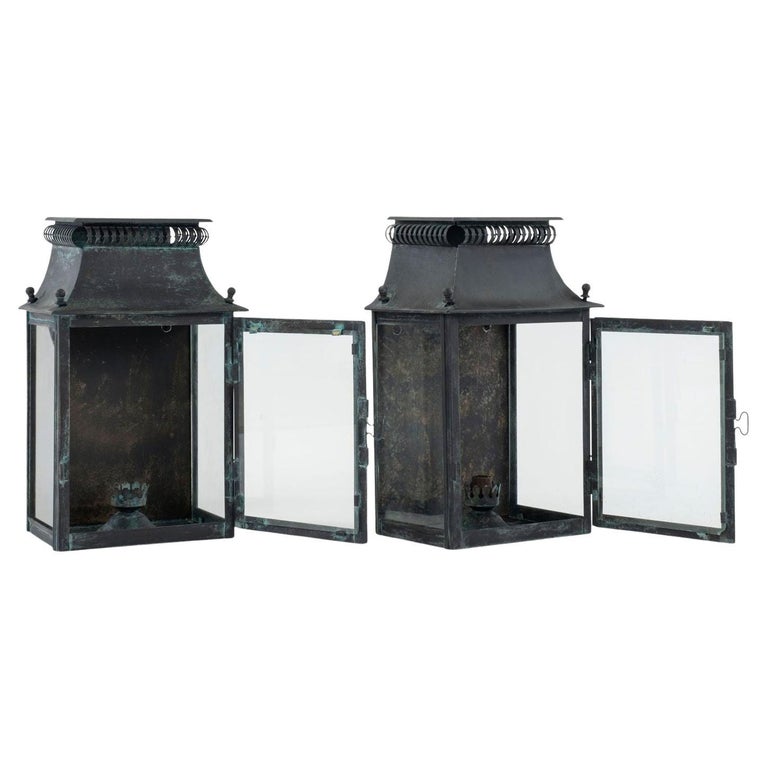 Pair of Ebonized Tole and Glass WallMounted Lanterns For Sale at 1stDibs