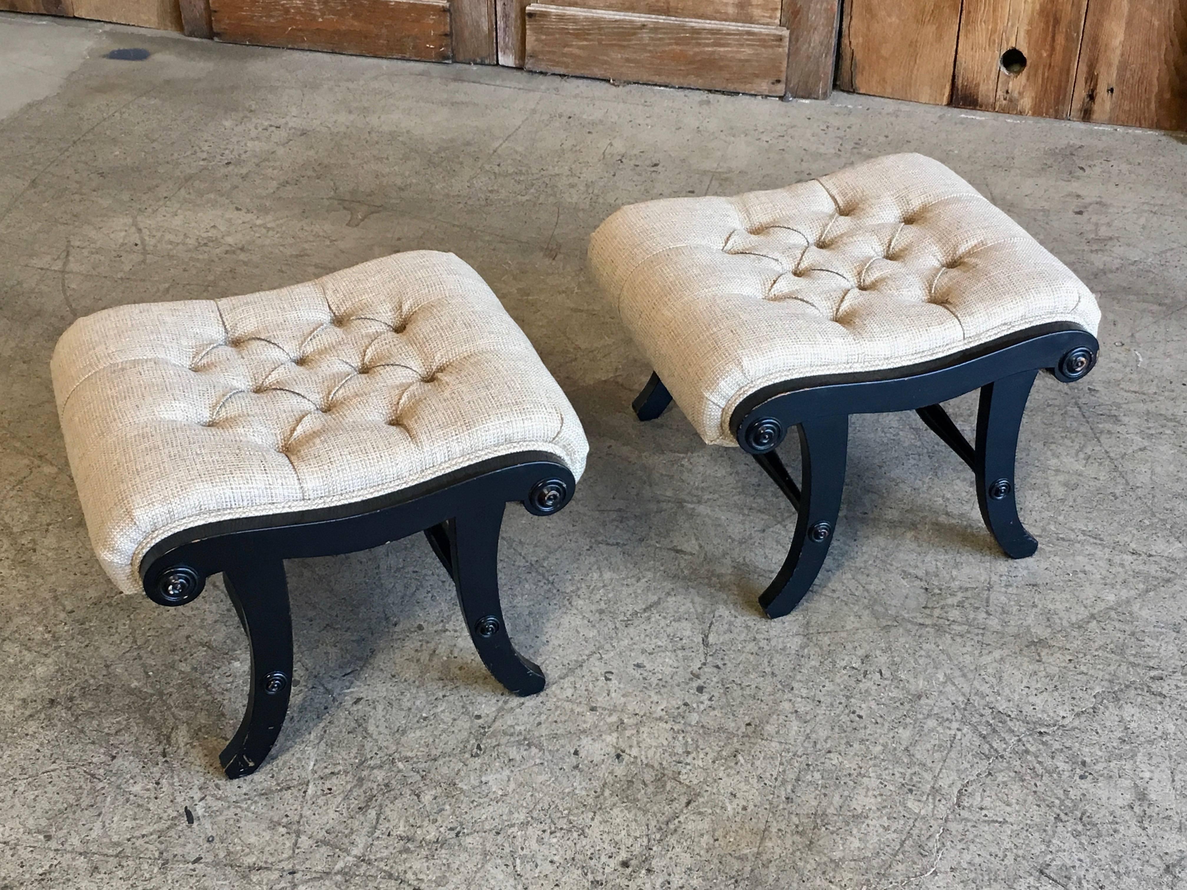 Pair of Ebonized Tufted Ottomans In Good Condition In Denton, TX