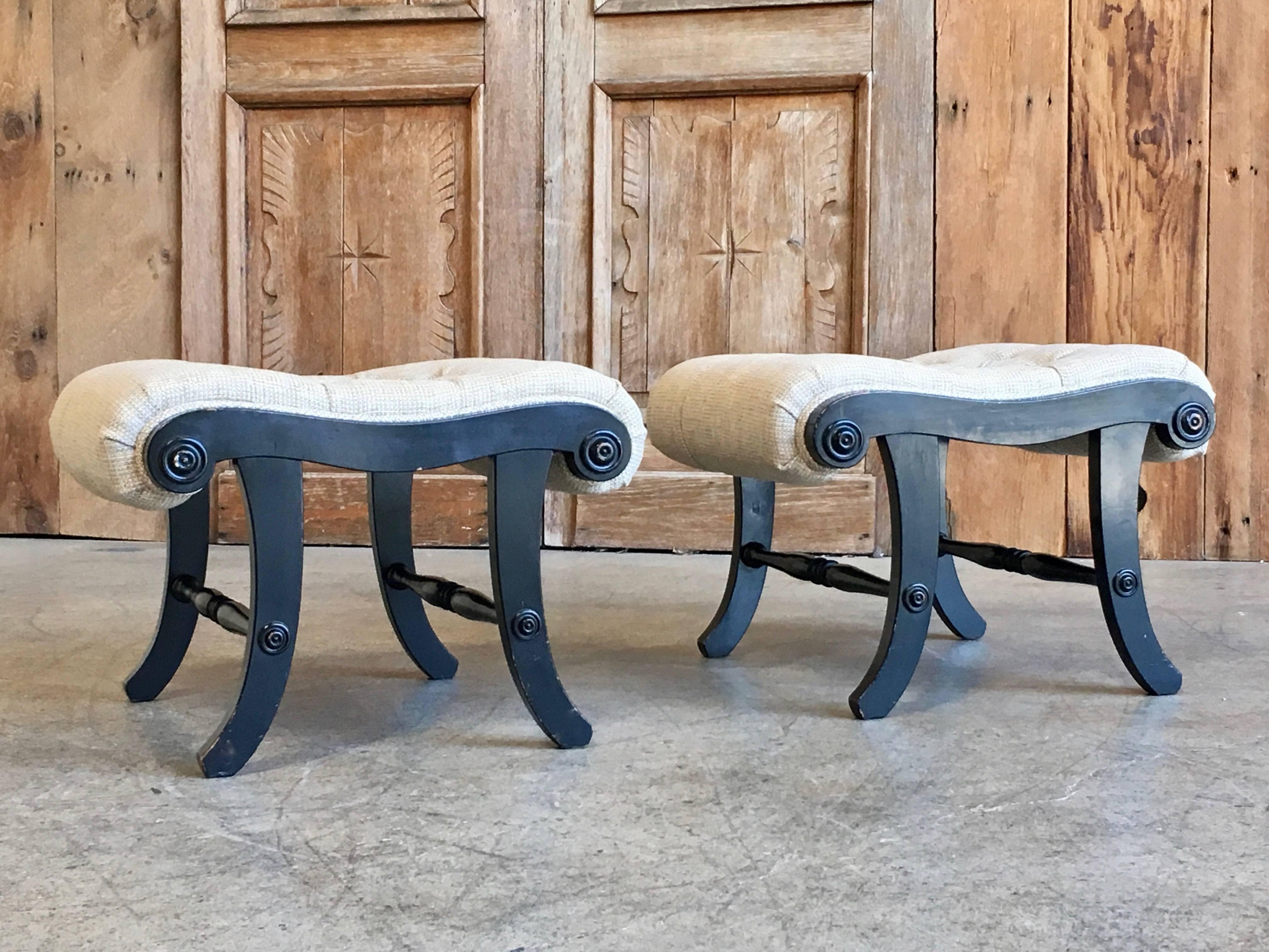 Upholstery Pair of Ebonized Tufted Ottomans