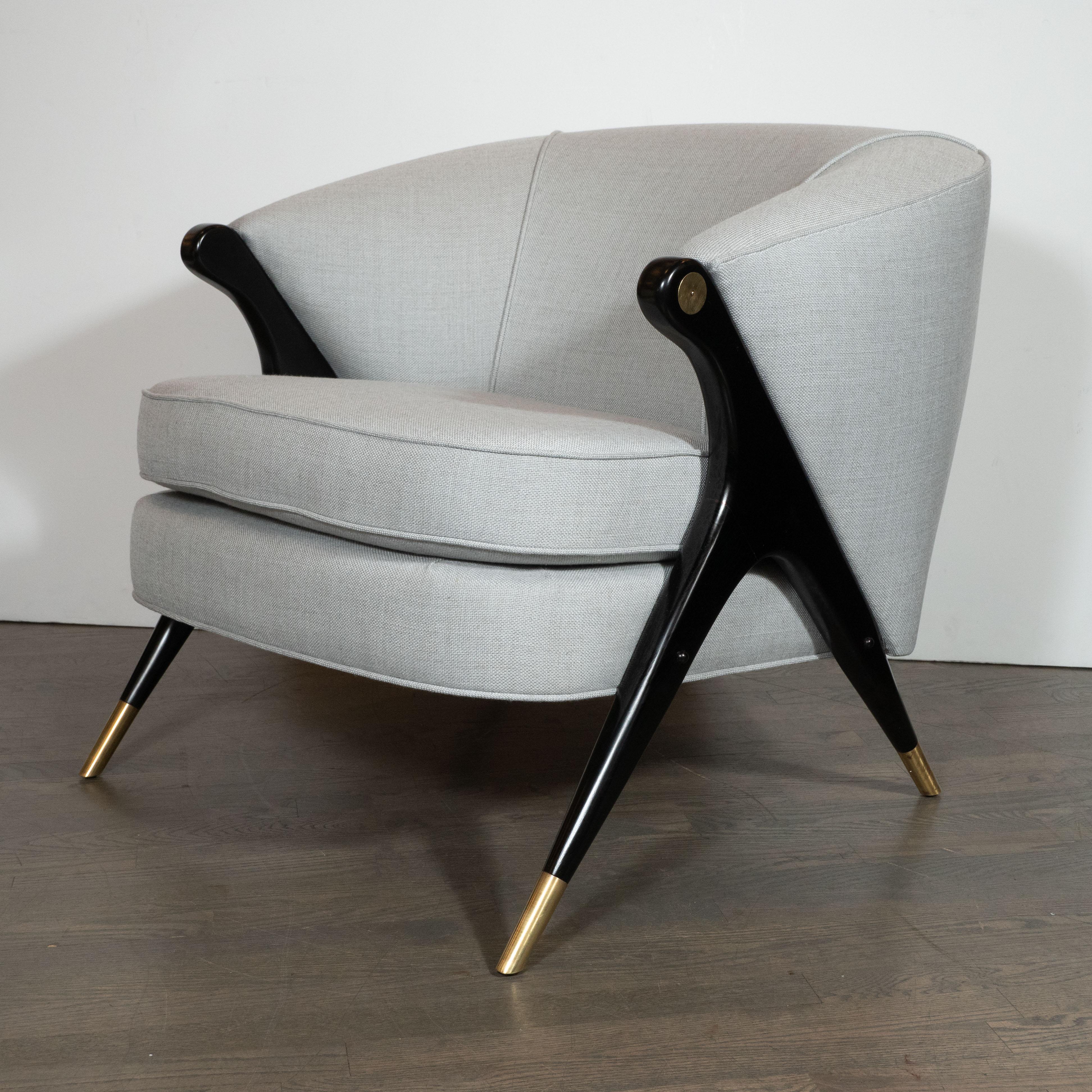 Pair of Ebonized Walnut, Brass & Gray Loro Piana Fabric Lounge Chairs by Karpen 4