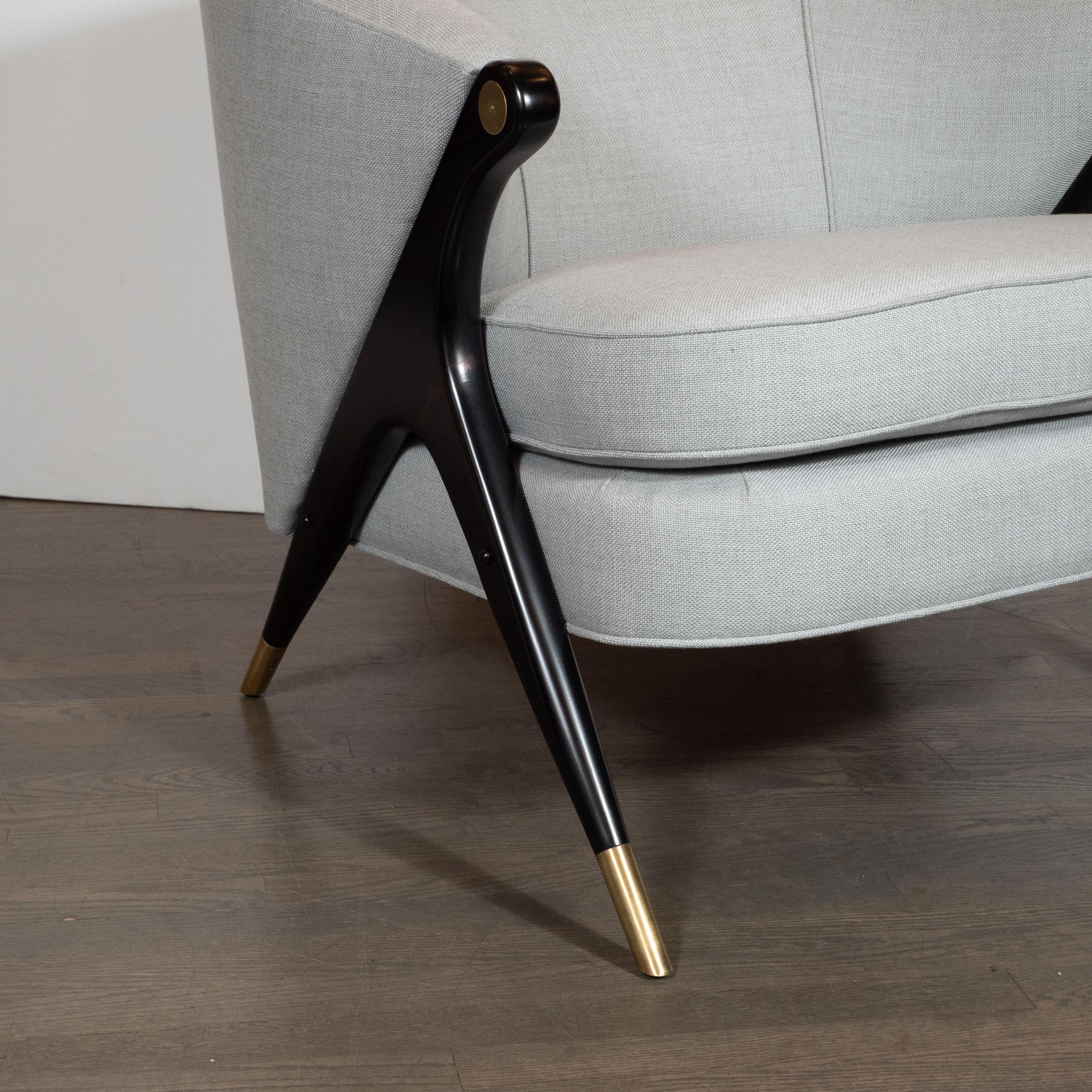 Mid-Century Modern Pair of Ebonized Walnut, Brass & Gray Loro Piana Fabric Lounge Chairs by Karpen
