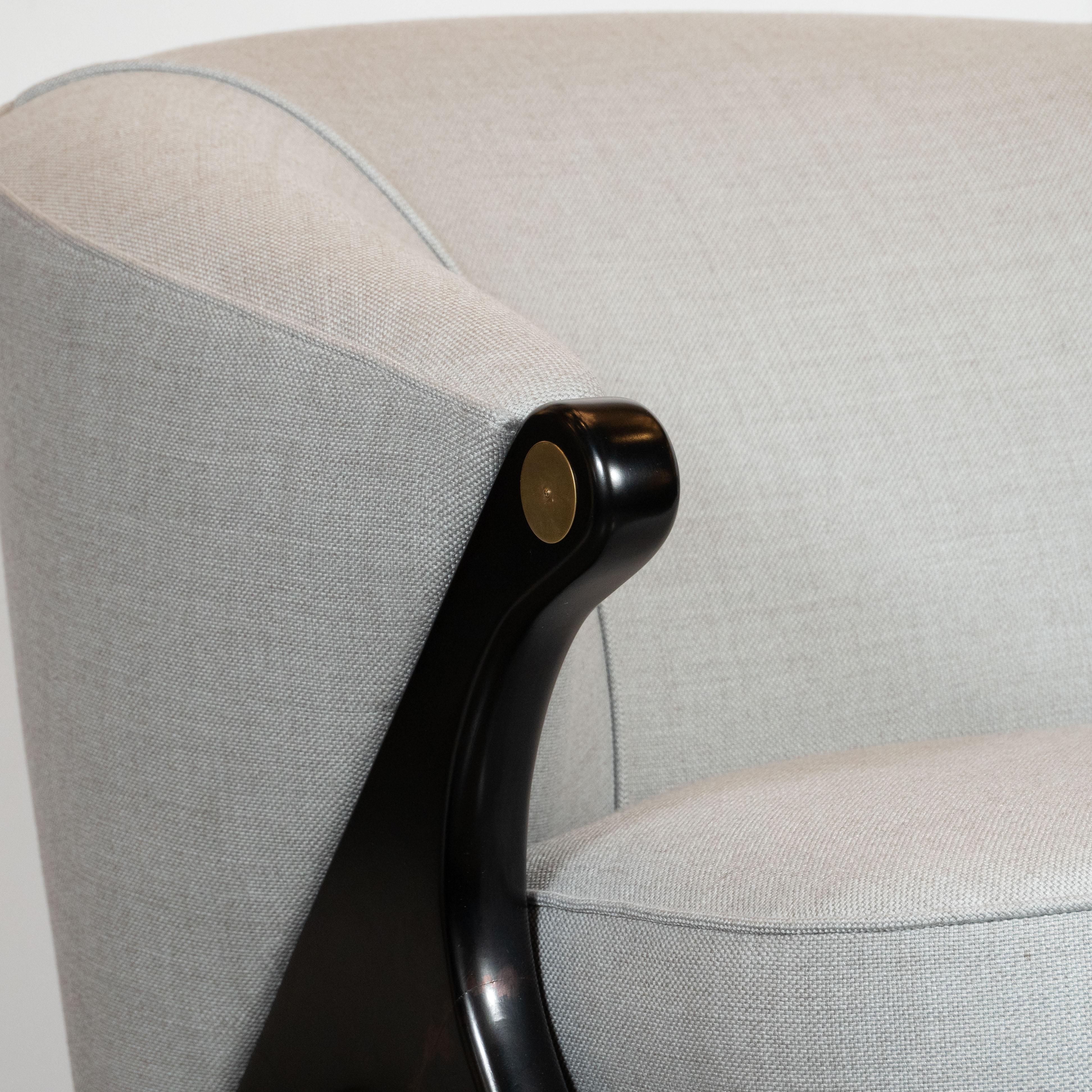 American Pair of Ebonized Walnut, Brass & Gray Loro Piana Fabric Lounge Chairs by Karpen