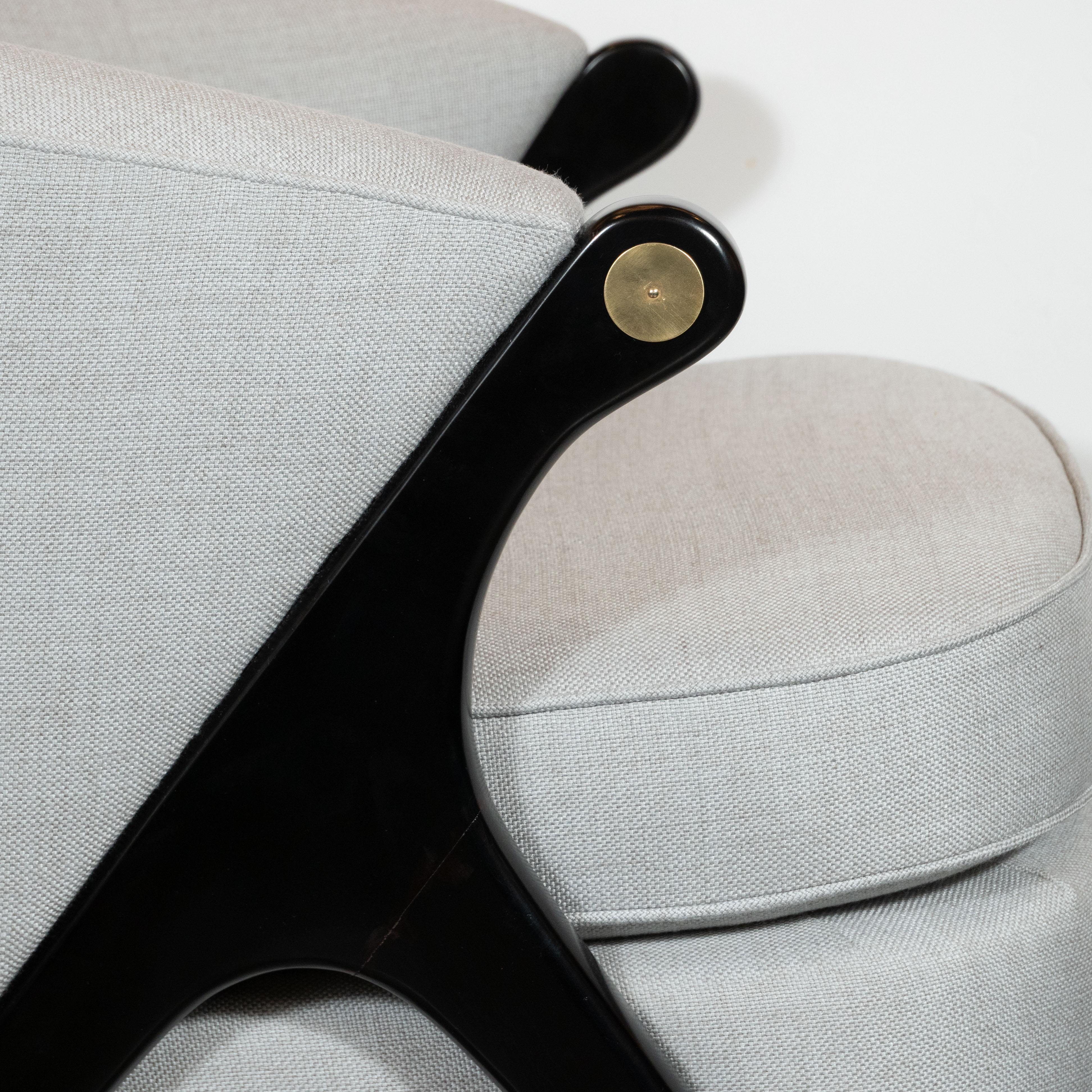 Mid-20th Century Pair of Ebonized Walnut, Brass & Gray Loro Piana Fabric Lounge Chairs by Karpen