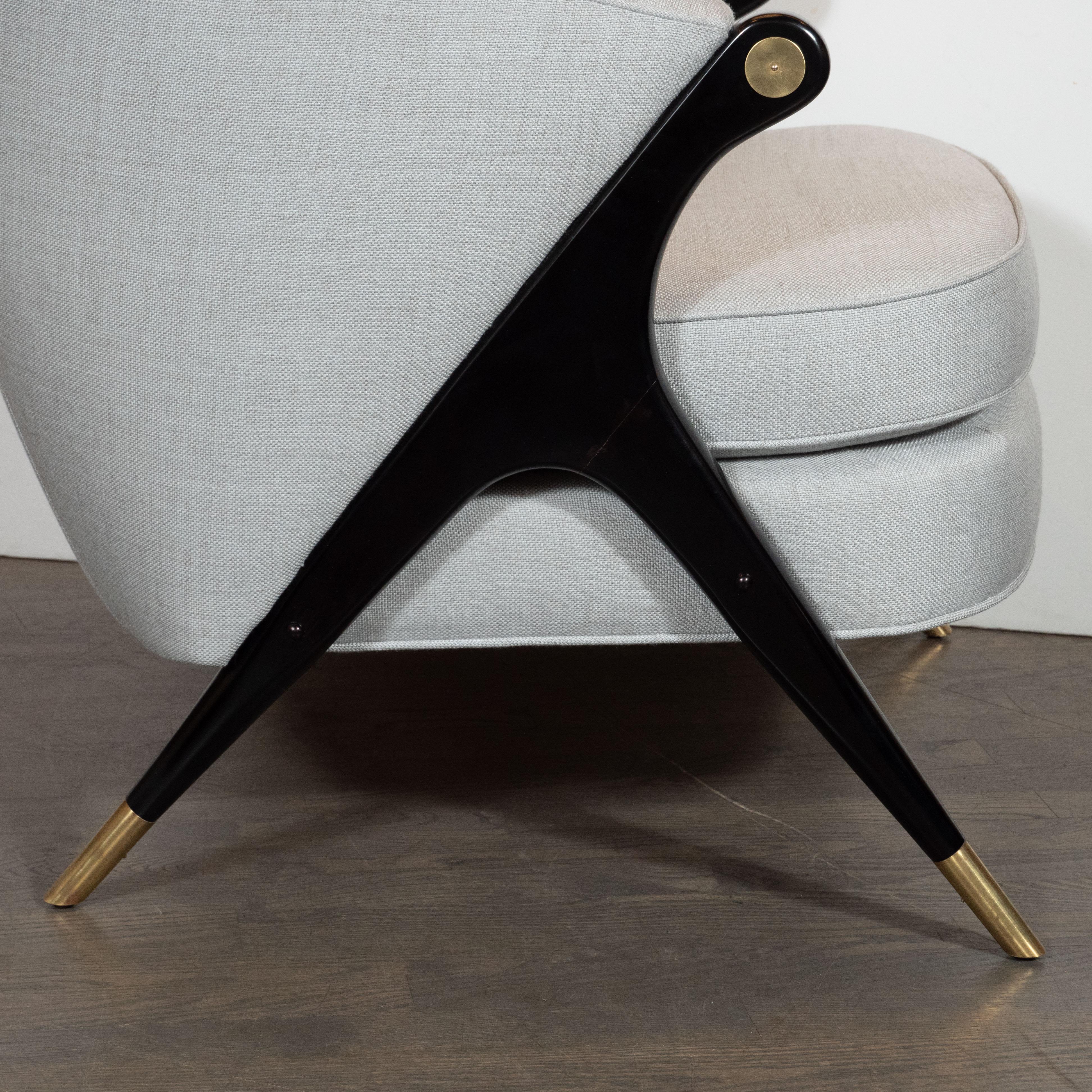 Pair of Ebonized Walnut, Brass & Gray Loro Piana Fabric Lounge Chairs by Karpen 1